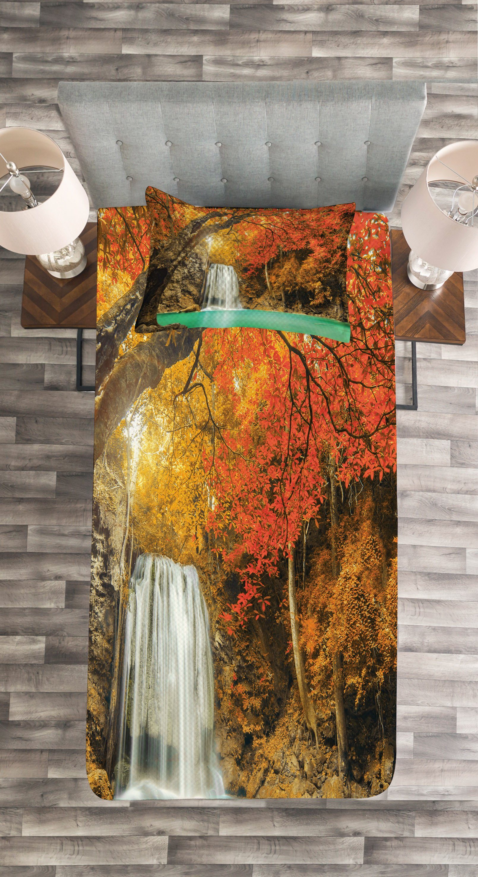 Herbst Wald Natur Abakuhaus, Waschbar, Set Kissenbezügen Wasserfall Tagesdecke mit