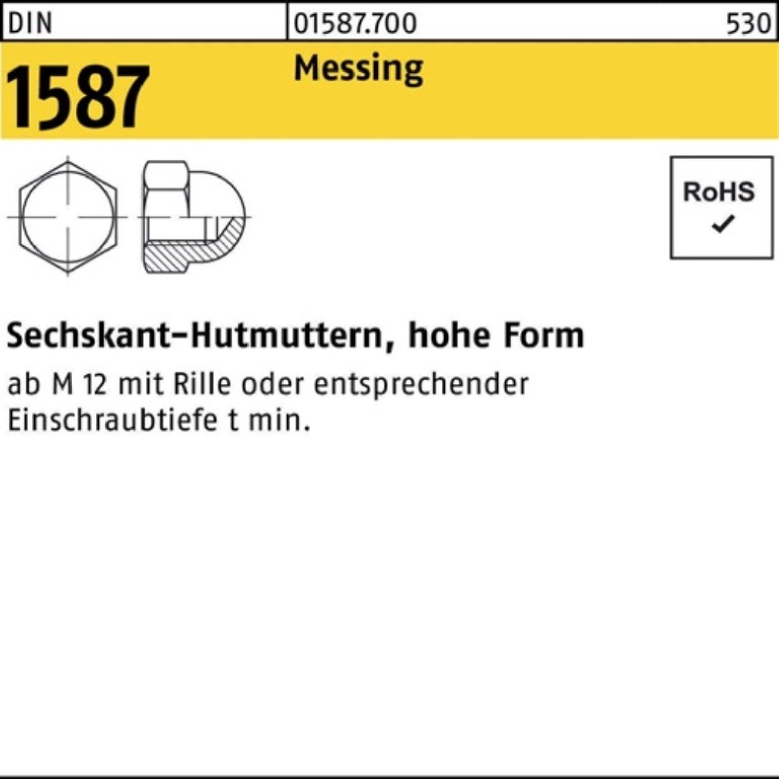 Stück M3 Reyher Hutmutter 1000 1587 DIN 1000er Pack Sechskanthutmutter DIN 158 Messing