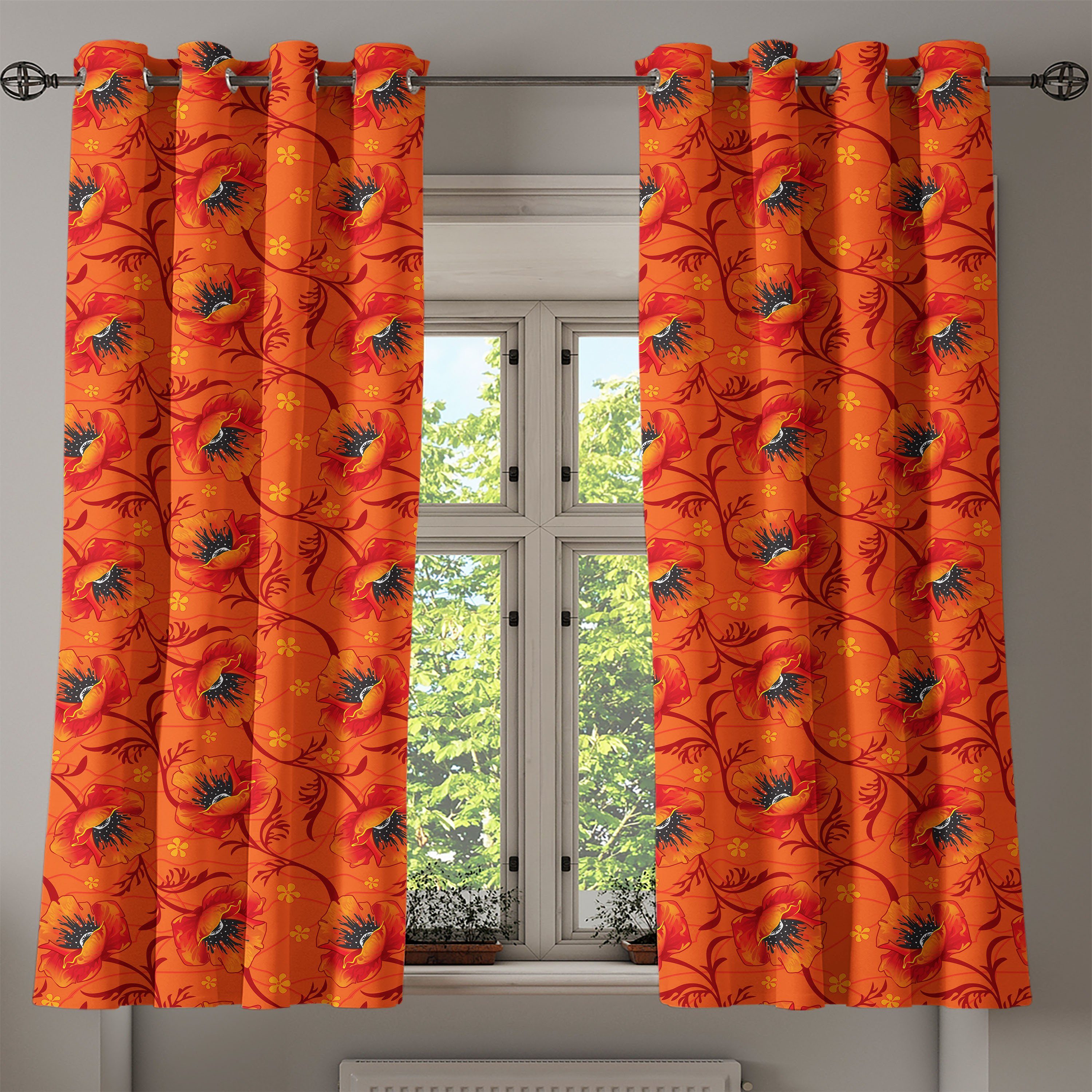 Mohnblumen-Blumen für Romantik Orange 2-Panel-Fenstervorhänge Dekorative Gardine Schlafzimmer Abakuhaus, Wohnzimmer,