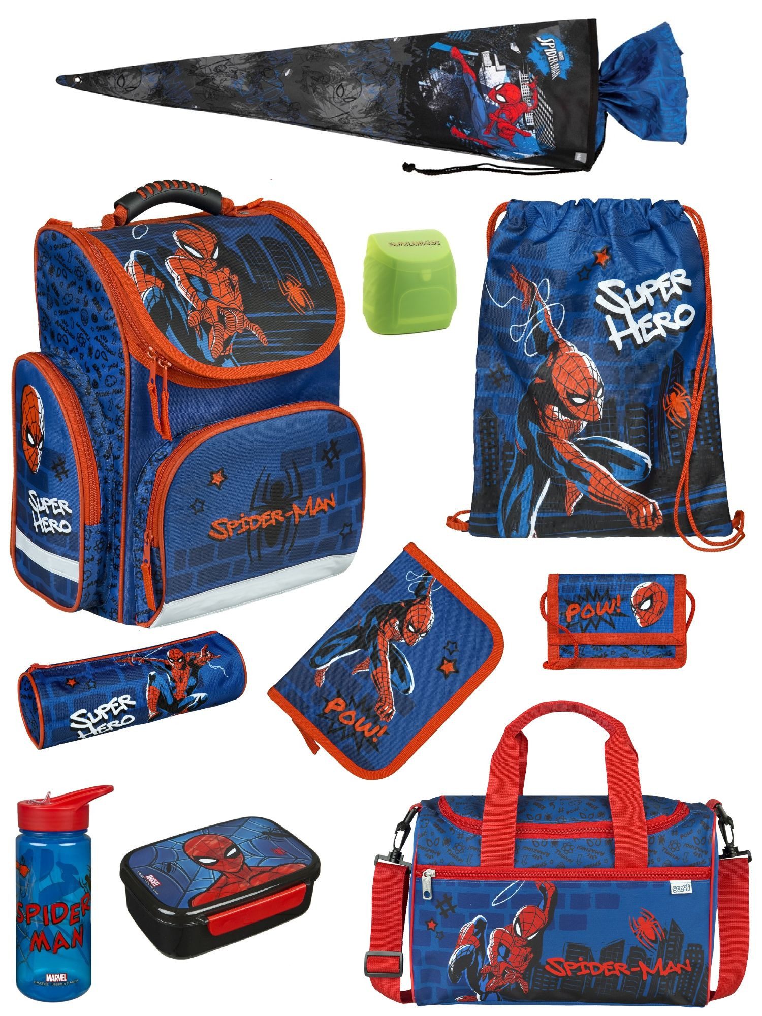 Familando Schulranzen SPIDER-MAN Schultasche ab der 1. Klasse, Blau (Spar-Set, 10-tlg., inkl. Lunch-Set, Sporttasche und Schultüte), ergonomisch, 930 Gramm leicht, 15L Volumen