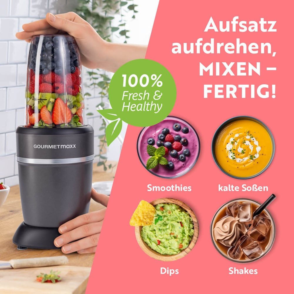 GOURMETmaxx Standmixer Nutrition Mixer 10-tlg., Smoothie Maker mit to go Deckel, 1000 W, mit Mixbecher & Frischhaltedeckel – ideal zum Aufbewahren – Bild 5 von 5