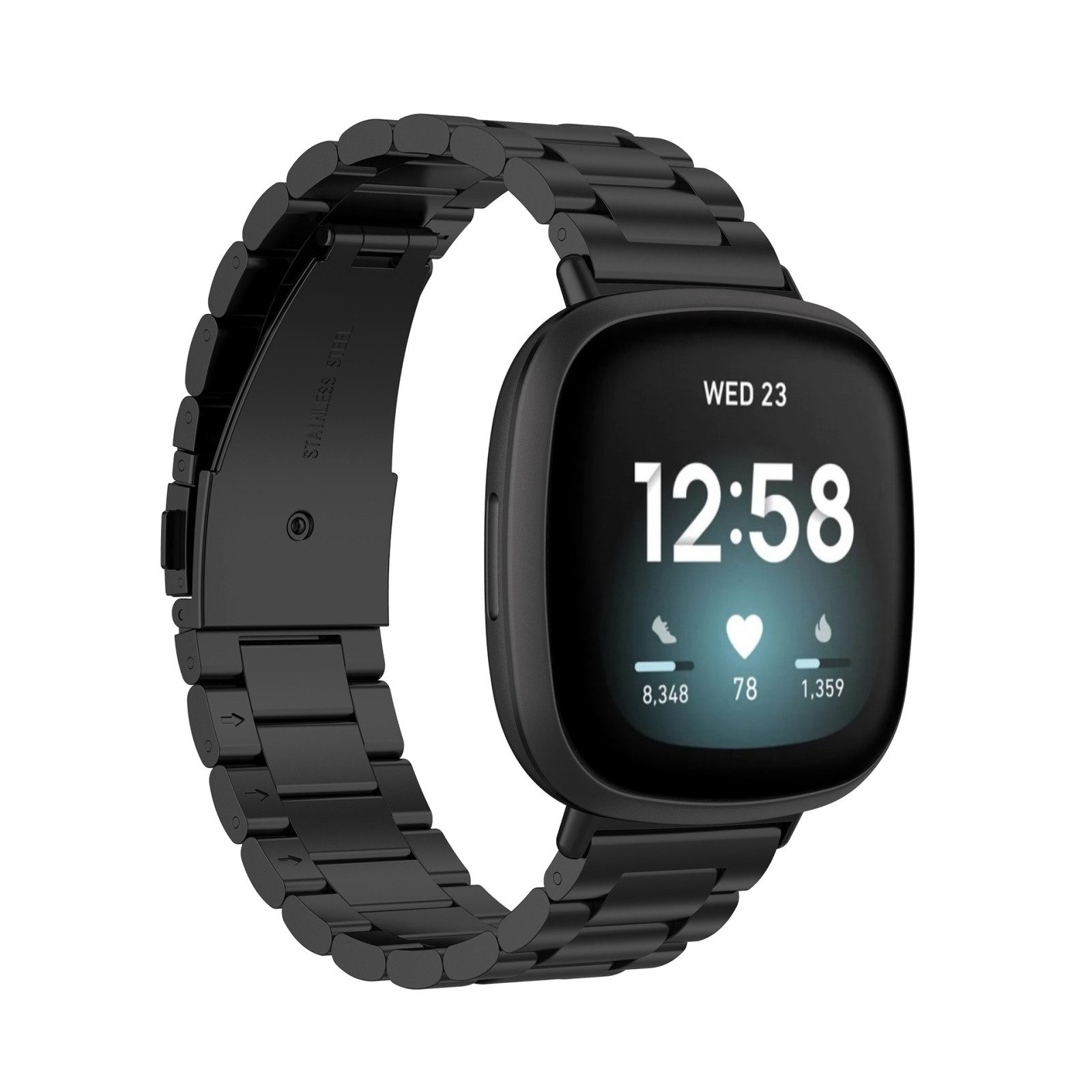 Wigento Smartwatch-Armband Für Fitbit Versa 4 + 3 /Sense 1 + 2 Stahl Metall Ersatz Schwarz Smart