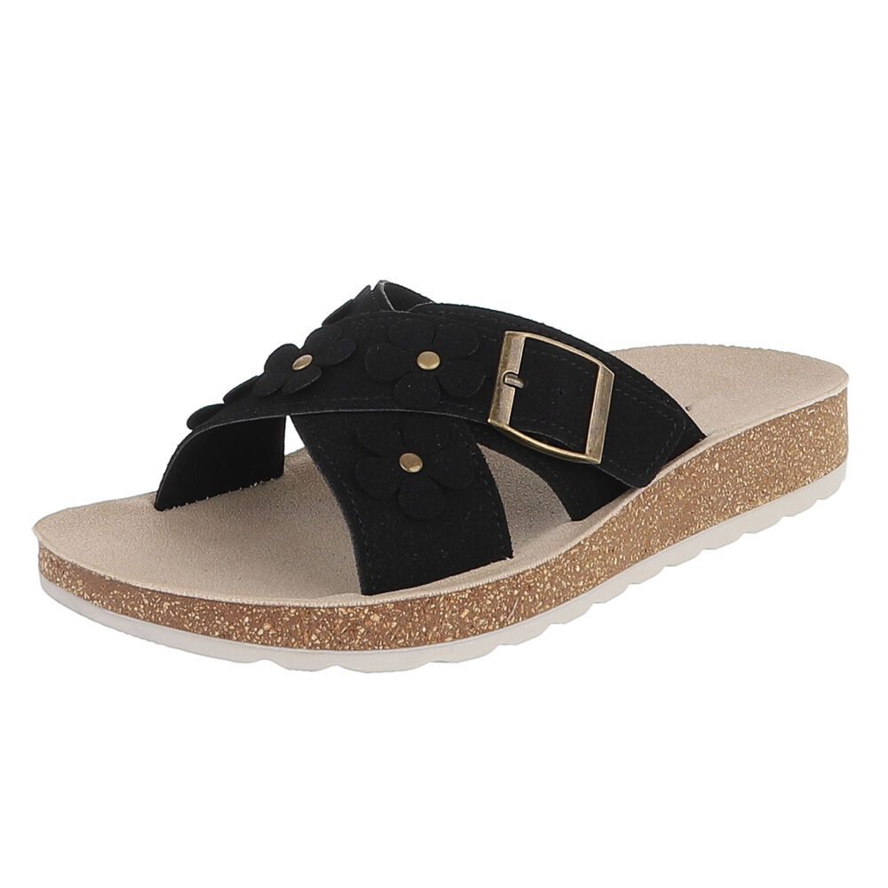 Ital-Design Damen Pantolette mit Blüten-Details und Schnalle Pantolette (92002752) Flach Pantoletten in Schwarz