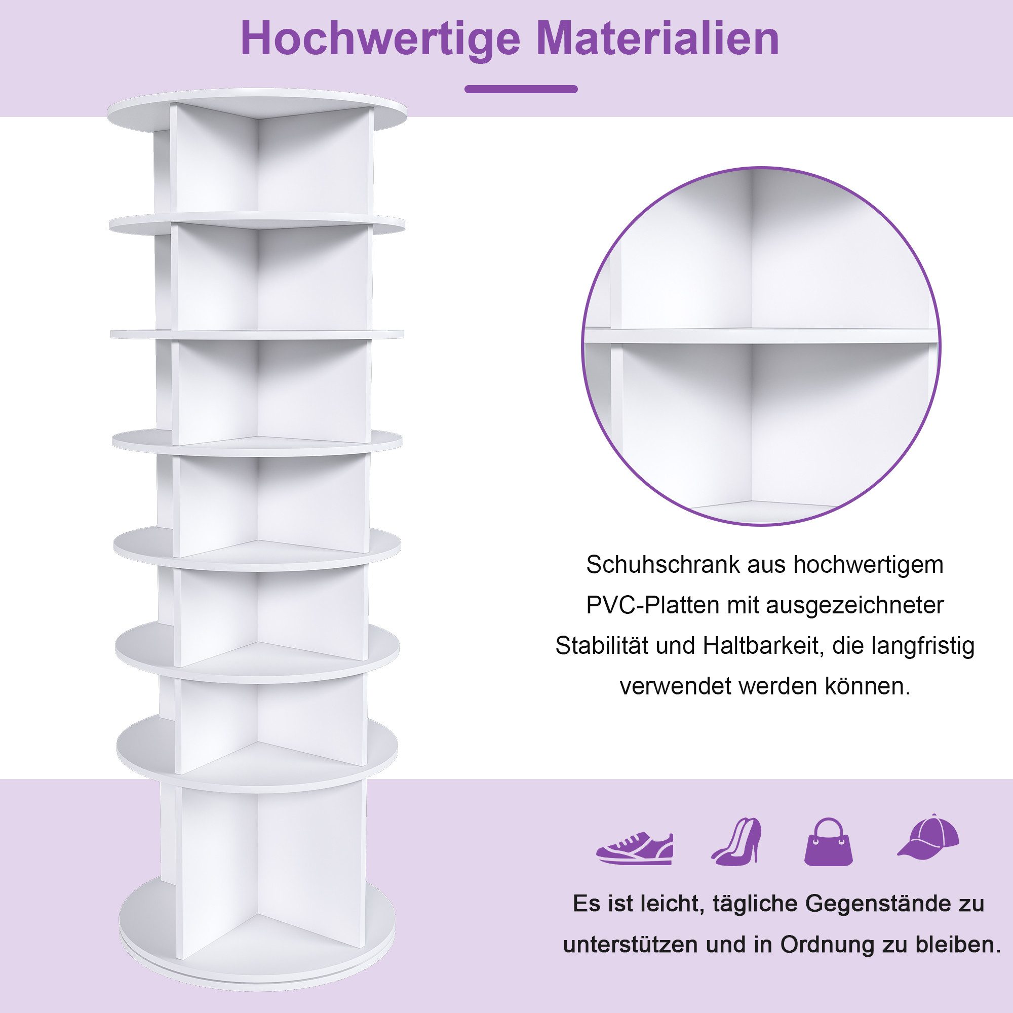 MC Star Schuhregal Drehbares mit 360° Drehfunktion, freistehend, platzsparend für bis zu 28 Paar Schuhe, Höhenbasis für Stiefel, weiß (60 × 60 × 184 cm), 7 Eben – Bild 4 von 5