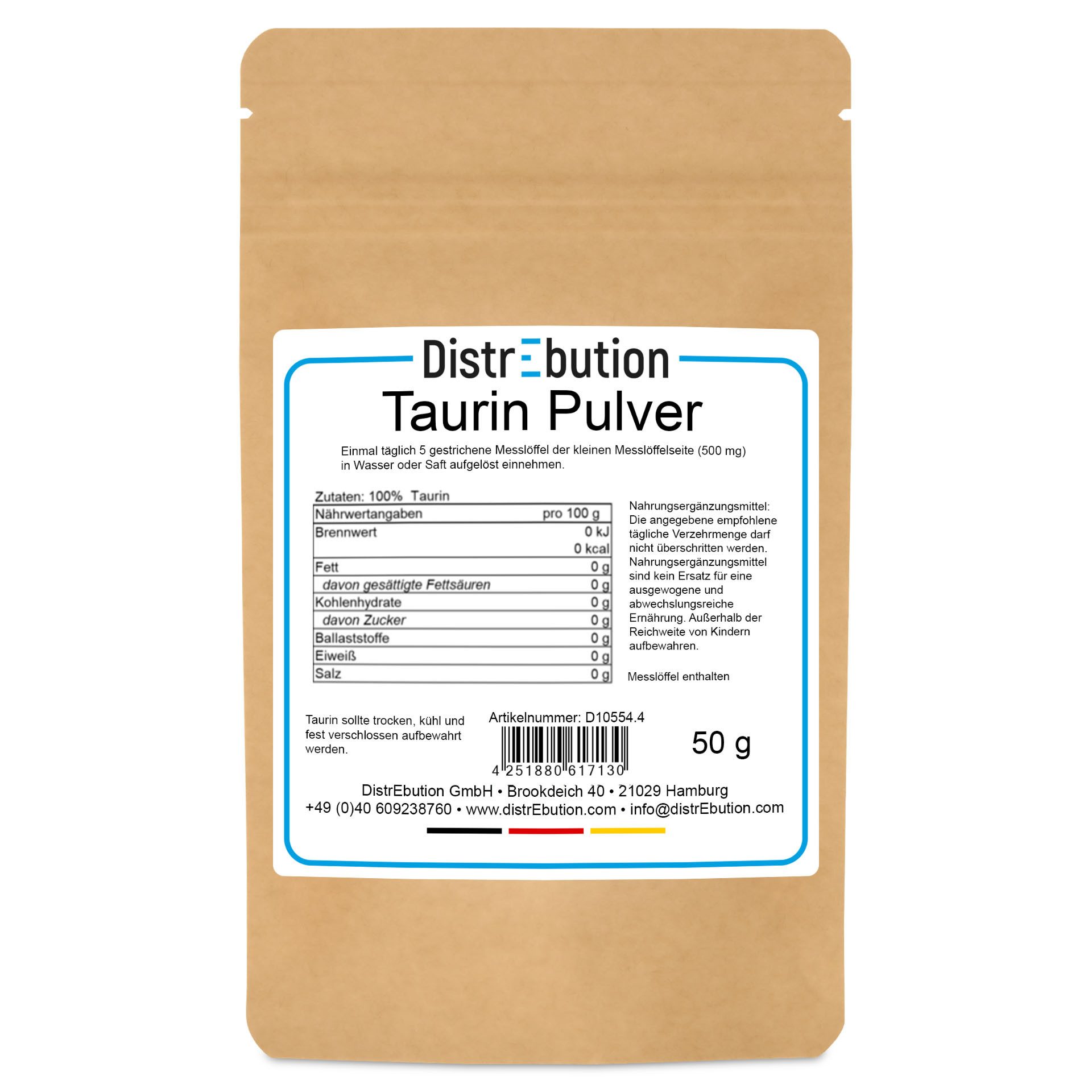 DistrEbution Taurin Pulver Rein, 50g-25kg, geschmacksneutral & hochlöslich Pulver, 50 g, Vielseitig einsetzbar