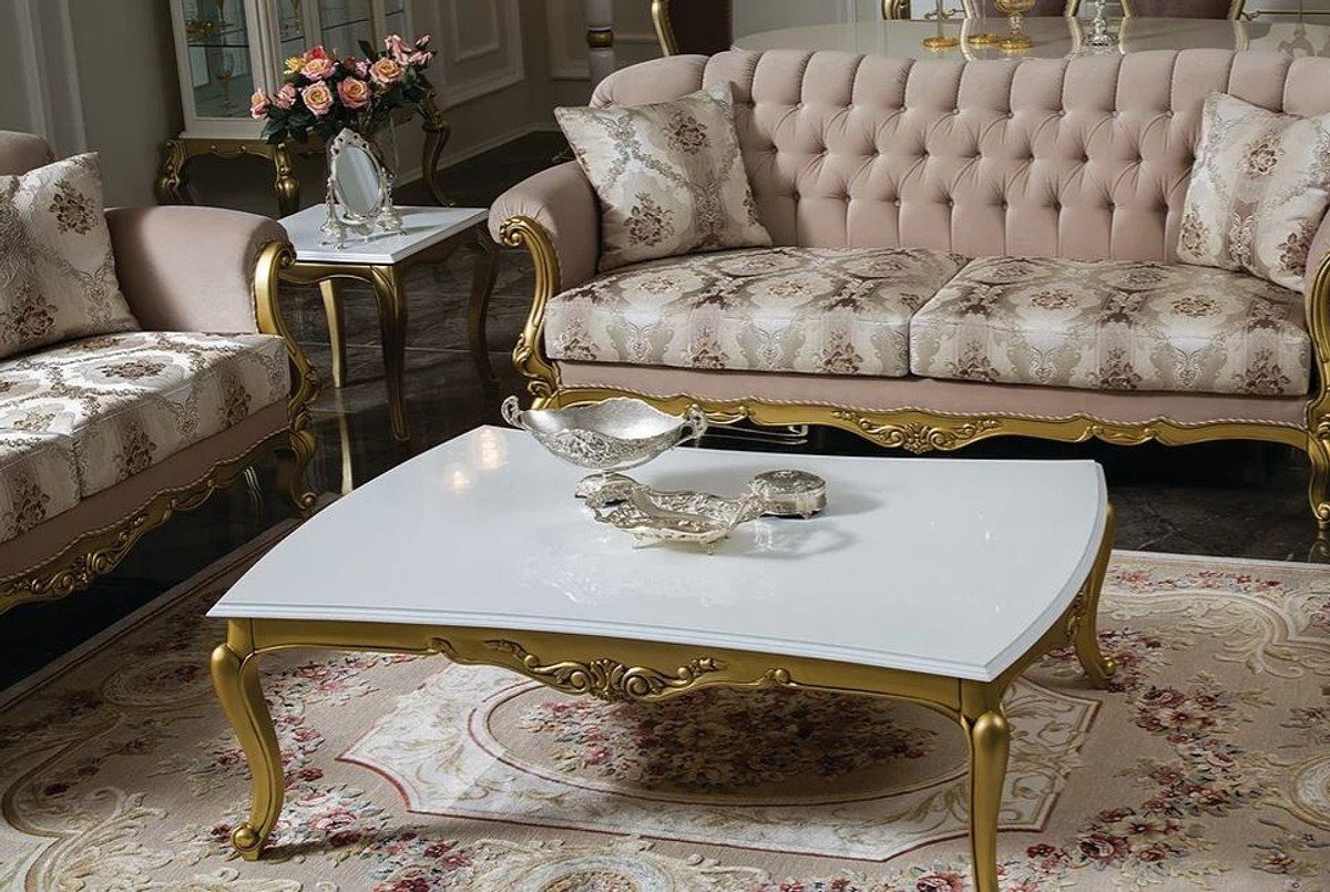 2 Barockstil & Rosa & Edel Set & Couchtisch Padrino Gold - - Prunkvoll 1 Sessel Couchtisch / Beistelltische 2 - Weiß / Möbel Casa Sofas im 2 & Barock Luxus