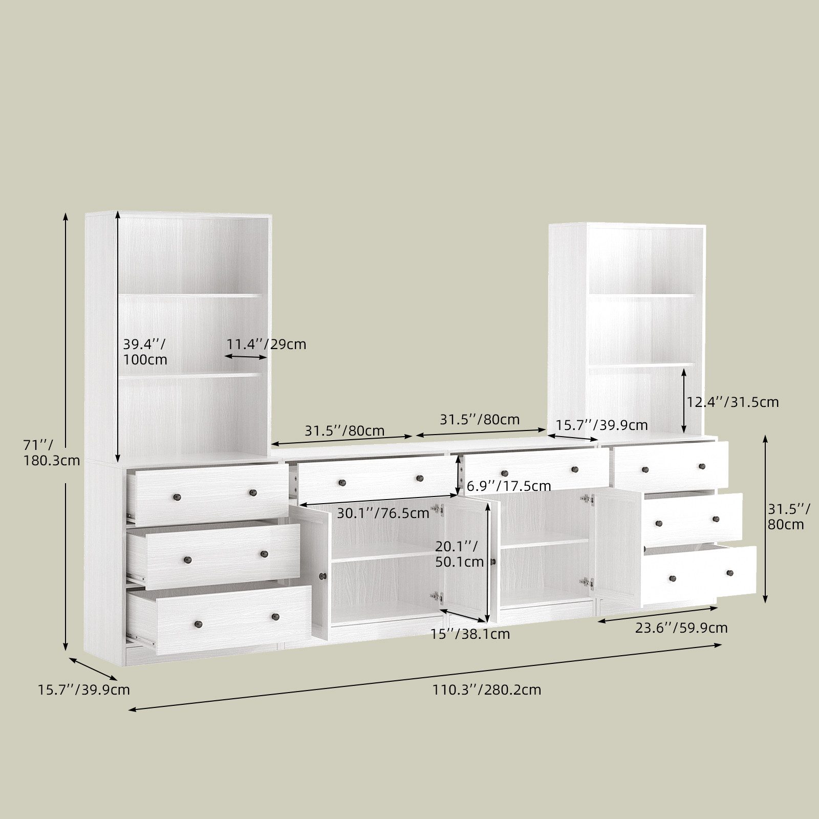 VOWNER TV-Schrank mit Bücherregalen für Fernseher bis zu 70 Zoll, 280 cm TV-Ständer (4-St) Wohnzimmer-Fernsehschrank mit gehärteten Glastüren und Einlegeböden