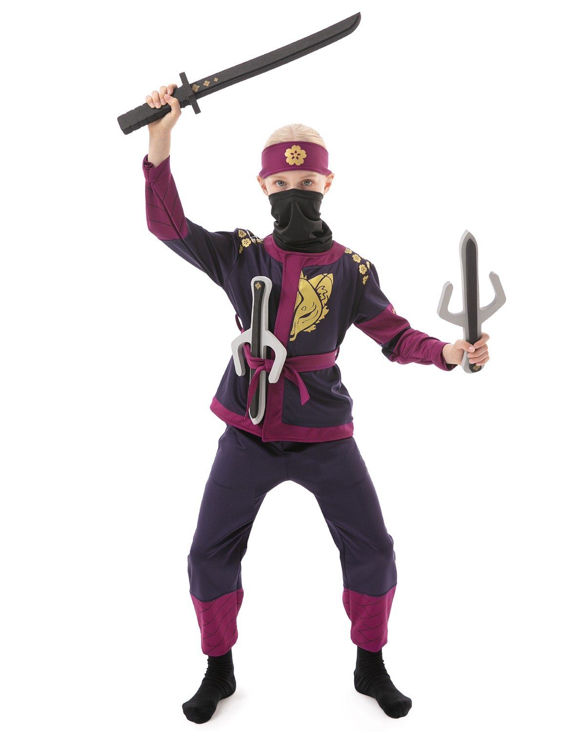 Corimori Kostüm Ninja Karneval Verkleidung für Kinder mit Zubehör, Katana-Schwert, Dolche, Stirnband, Maske, Tattoos, Lila S 98-110 cm