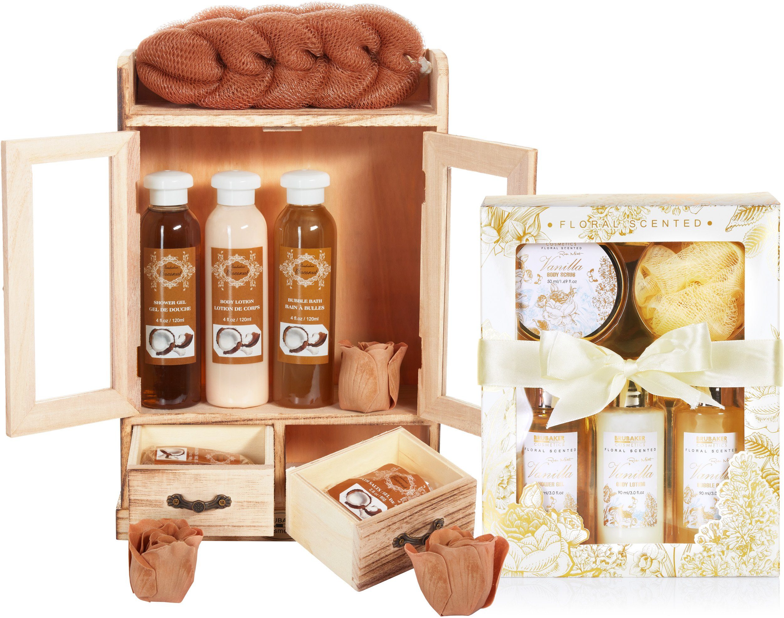 BRUBAKER Pflege-Geschenkset 2 in 1 Pflegeset Kokosnuss & Vanilla Rose Minze - Wellness Set, 15-tlg., Damen Dusch- und Badeset - Frauen Beauty Geschenkset mit Dekoration