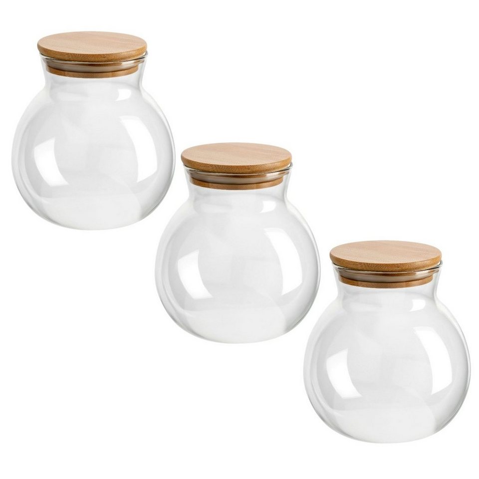 gouveo Vorratsglas 1000 ml Kugel-Form mit Bambusdeckel - Vorratsdosen aus  Borosilikatglas, (3-tlg)
