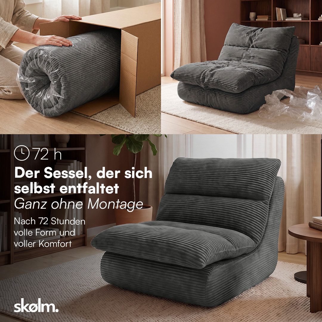 skølm Relaxsessel Sváfa aus Cord/Chenille, dick gepolsterter Vollschaumessel 11,5 cm (Cord, Dunkelgrau), vakuumiert – ohne Aufbau – Bild 4 von 5