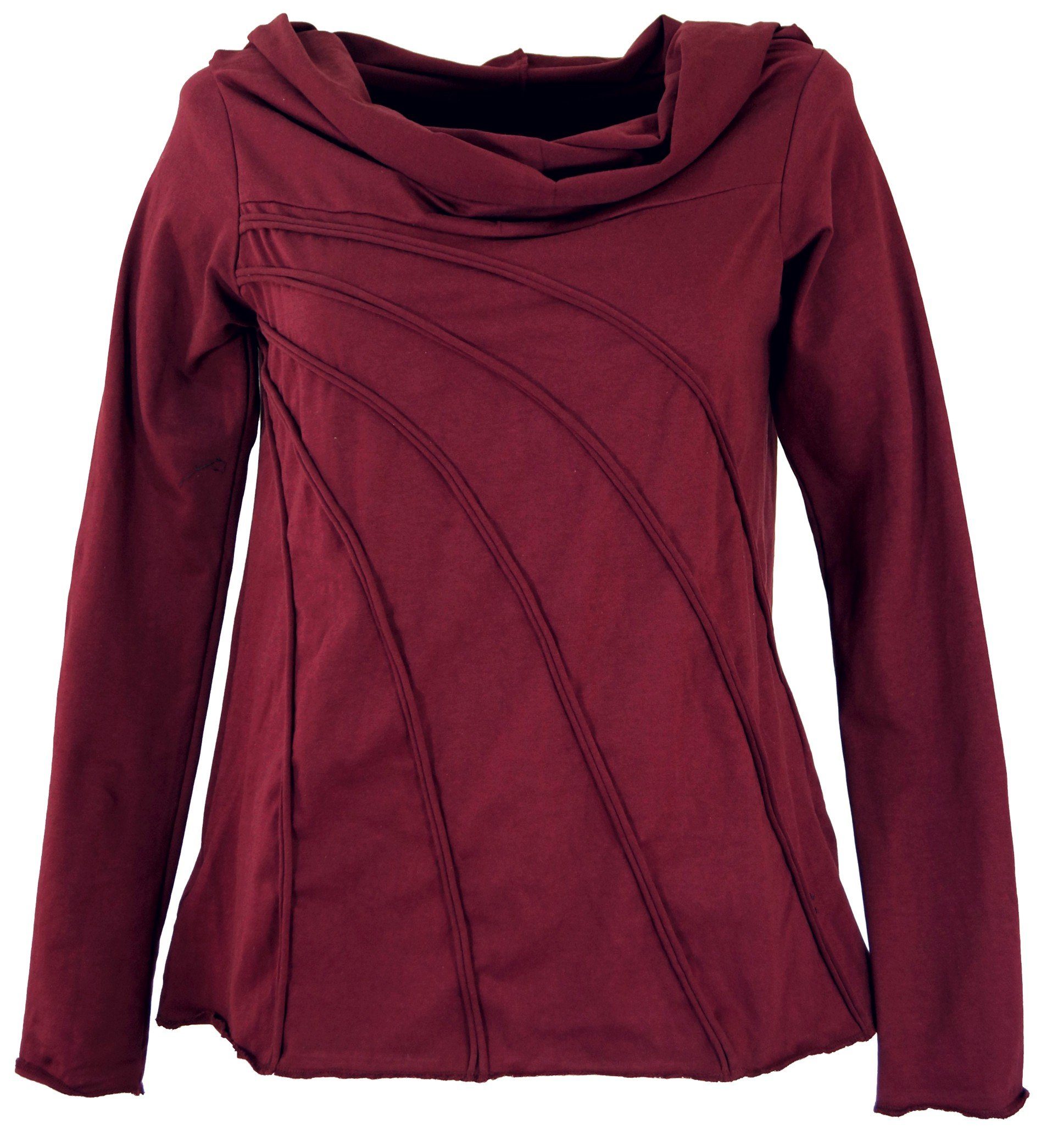 Guru-Shop Longsleeve Langarmshirt Boho-chic mit Schalkapuze - bordeaux alternative Bekleidung