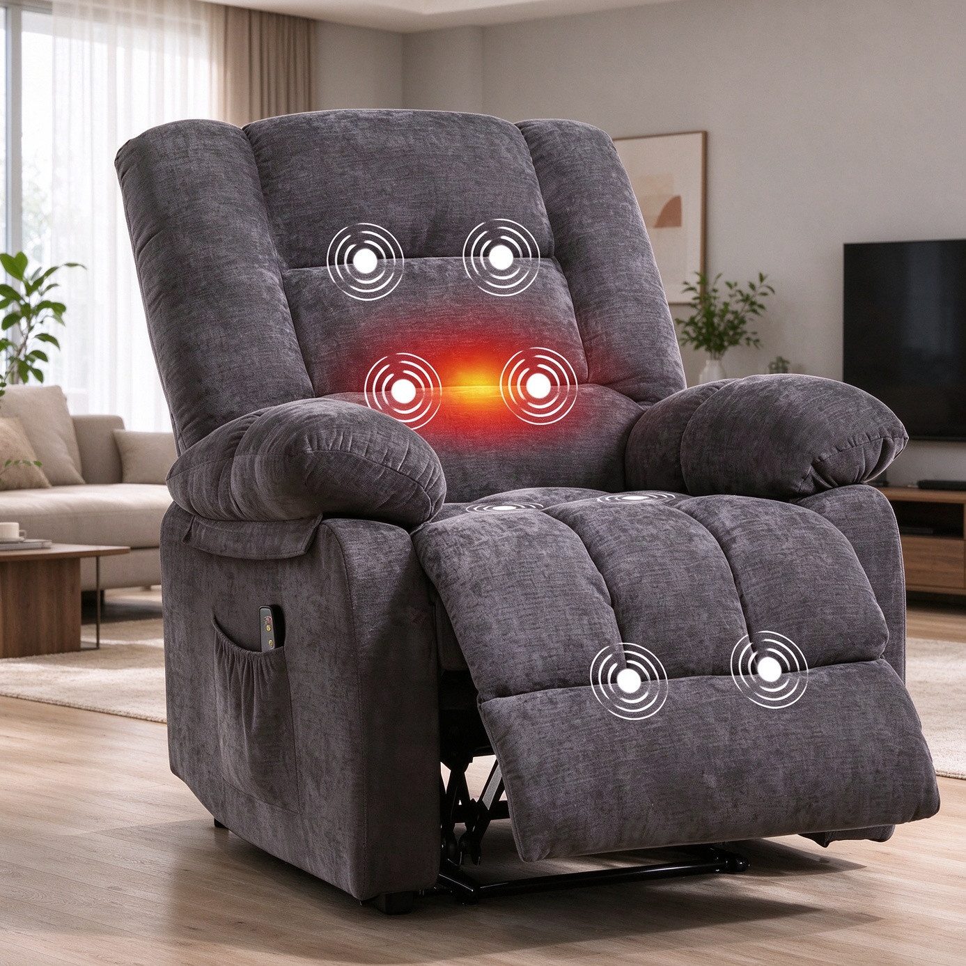 Bonzy Home Massagesessel Relaxsessel mit Massage und Wärmefunktion, verstellbarer Fernsehsessel, Extra breite gepolsterte Armlehnen & praktische Seitentasche