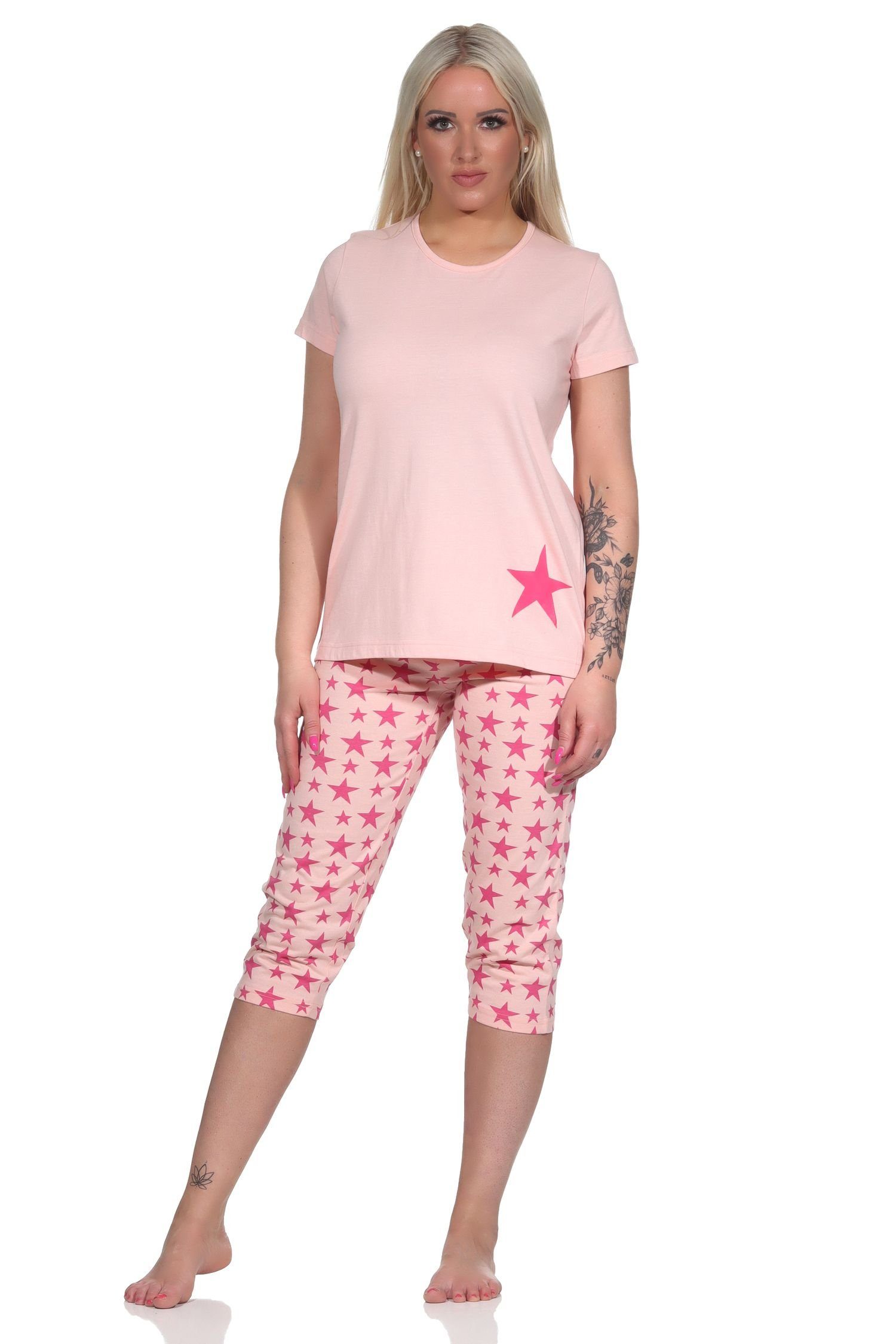 Normann Pyjama Damen Capri Pyjama, Schlafanzug mit Sternen - 112 204 10 735 rosa