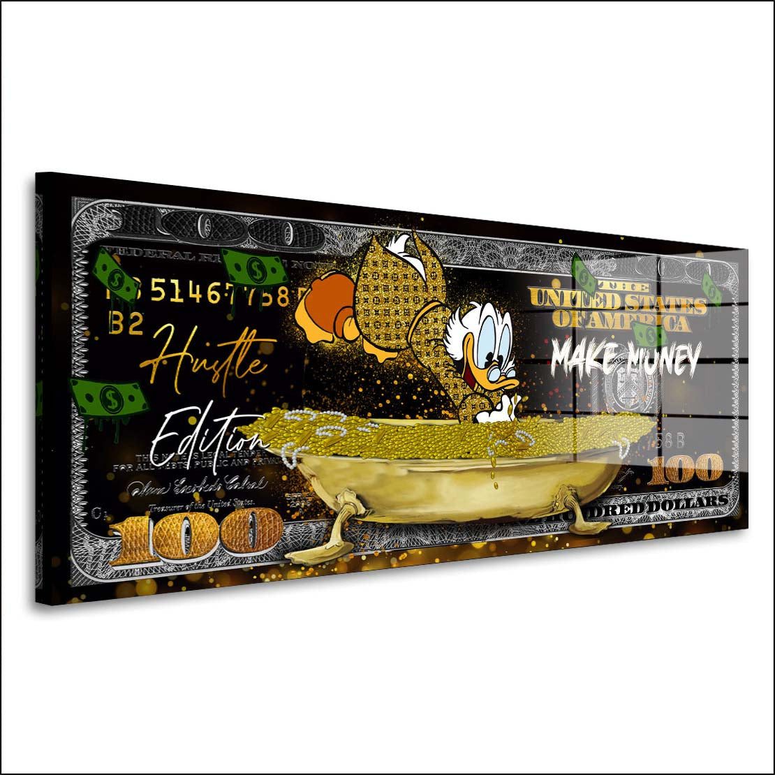 Artedinoi Acrylglasbild Dagobert Acrylglasbild Wandbild Pop Art Gold 100 Dollar Comic XXL, Comic-Erpel mit Gold- und Dollar-Motiven