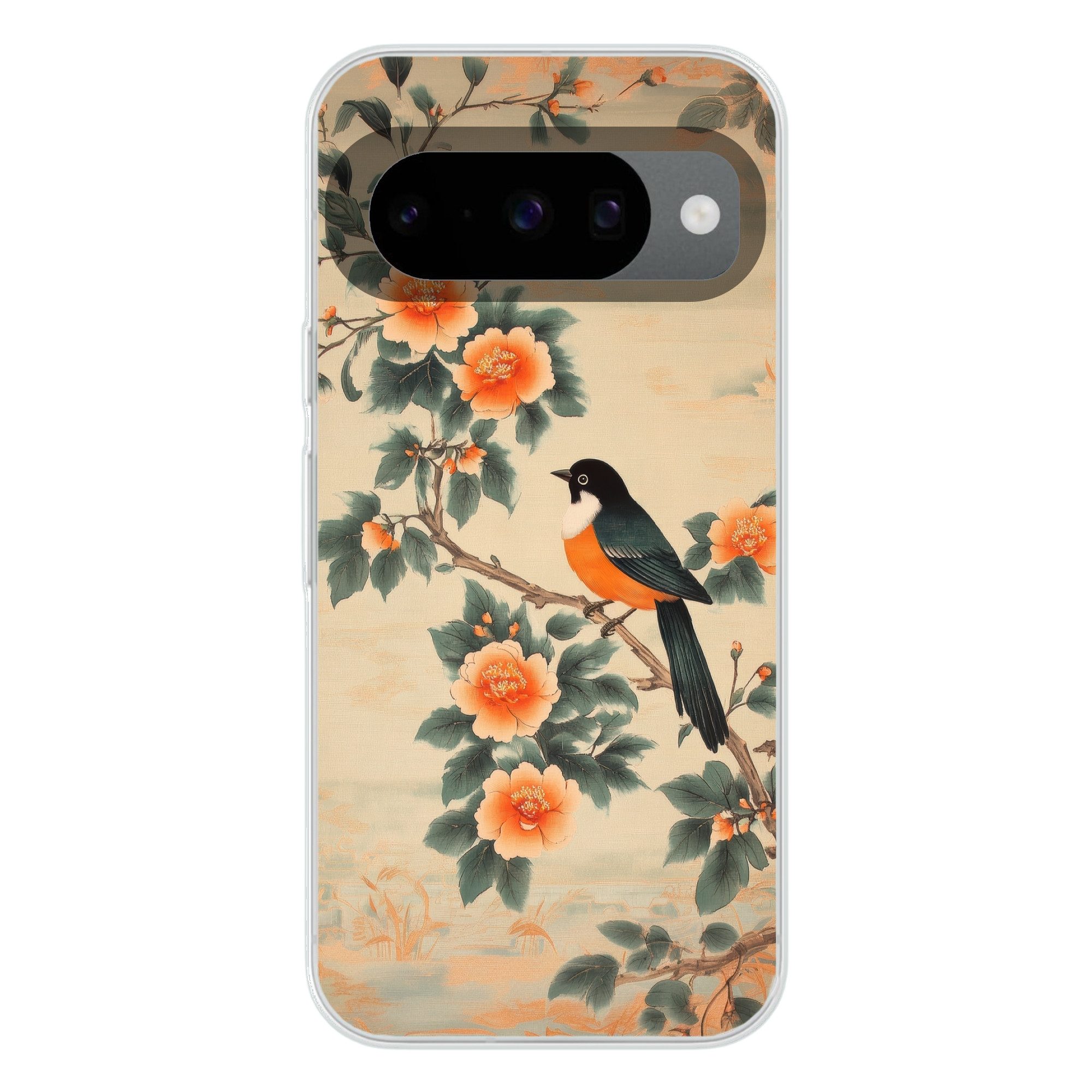 MuchoWow Handyhülle für Google Pixel 10 Pro Vogel - Zweig - Blumen - Orange, Handy Case, Silikon, Bumper Case Dünn