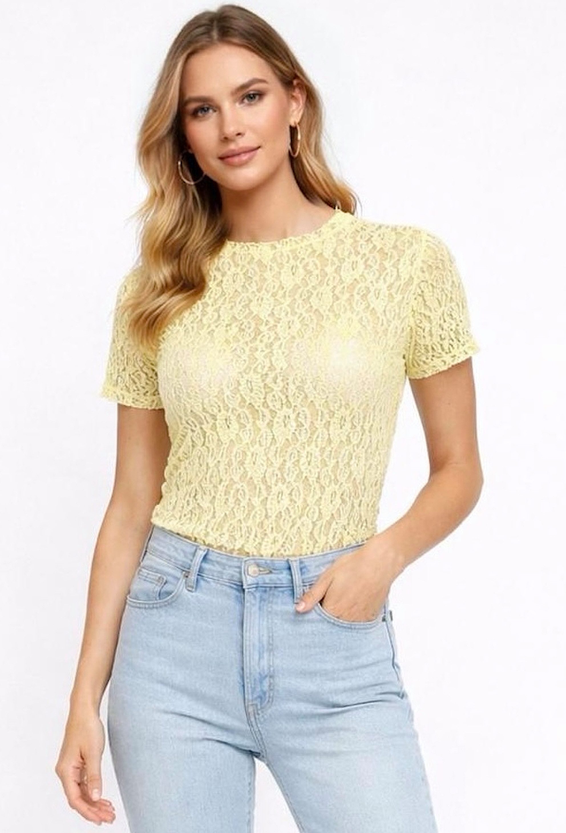 Spitzenshirt Worldclassca Spitzenshirt Kurzarm Mesh Bluse Stehkragen Lace Elegant