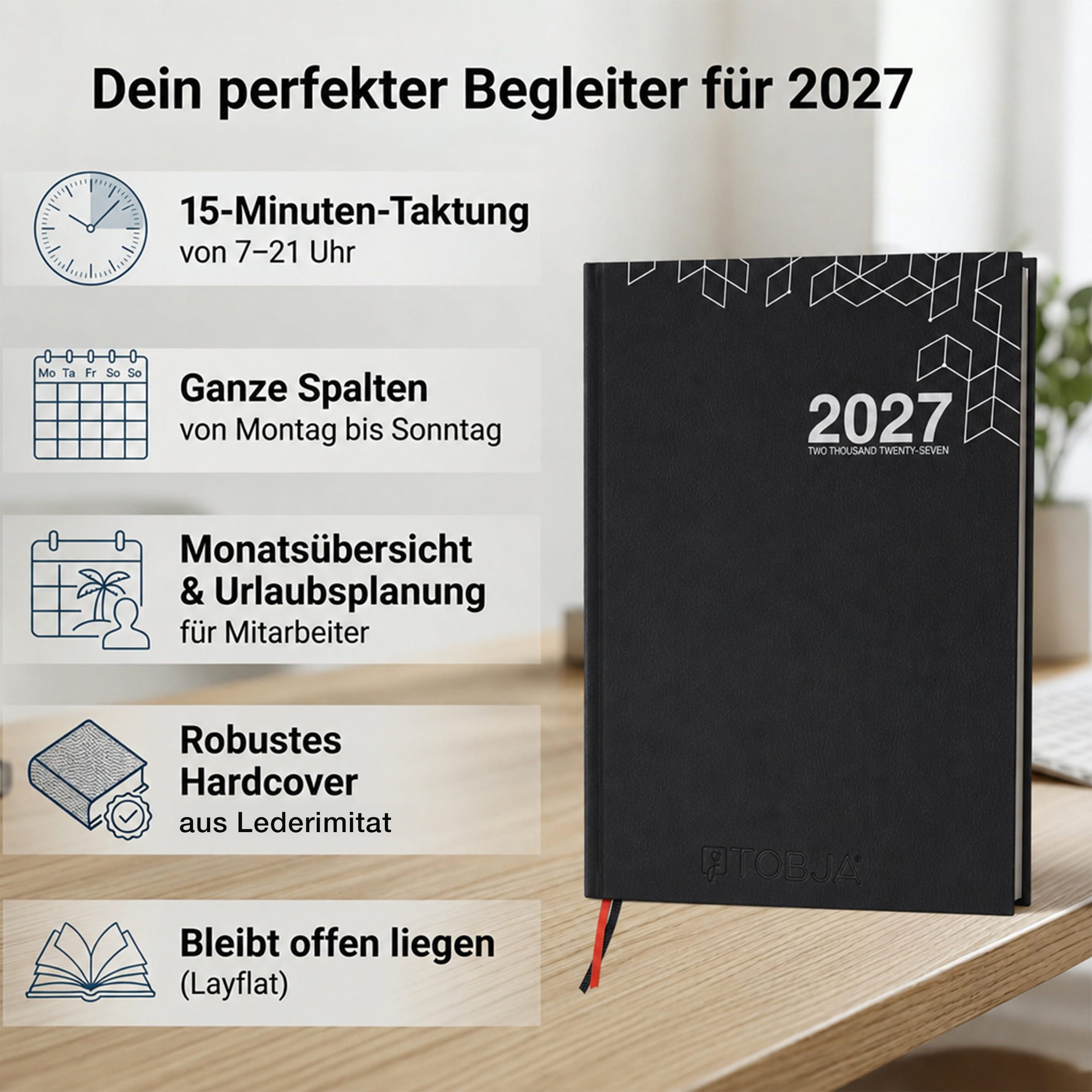 TOBJA Buchkalender Praxisplaner 2027 A4 Mono Hardcover Layflat 15 Min Takt FSC, Hardcover Layflat, 15-Min-Takt 7-21 Uhr, A4, FSC, 23 Mitarbeiter