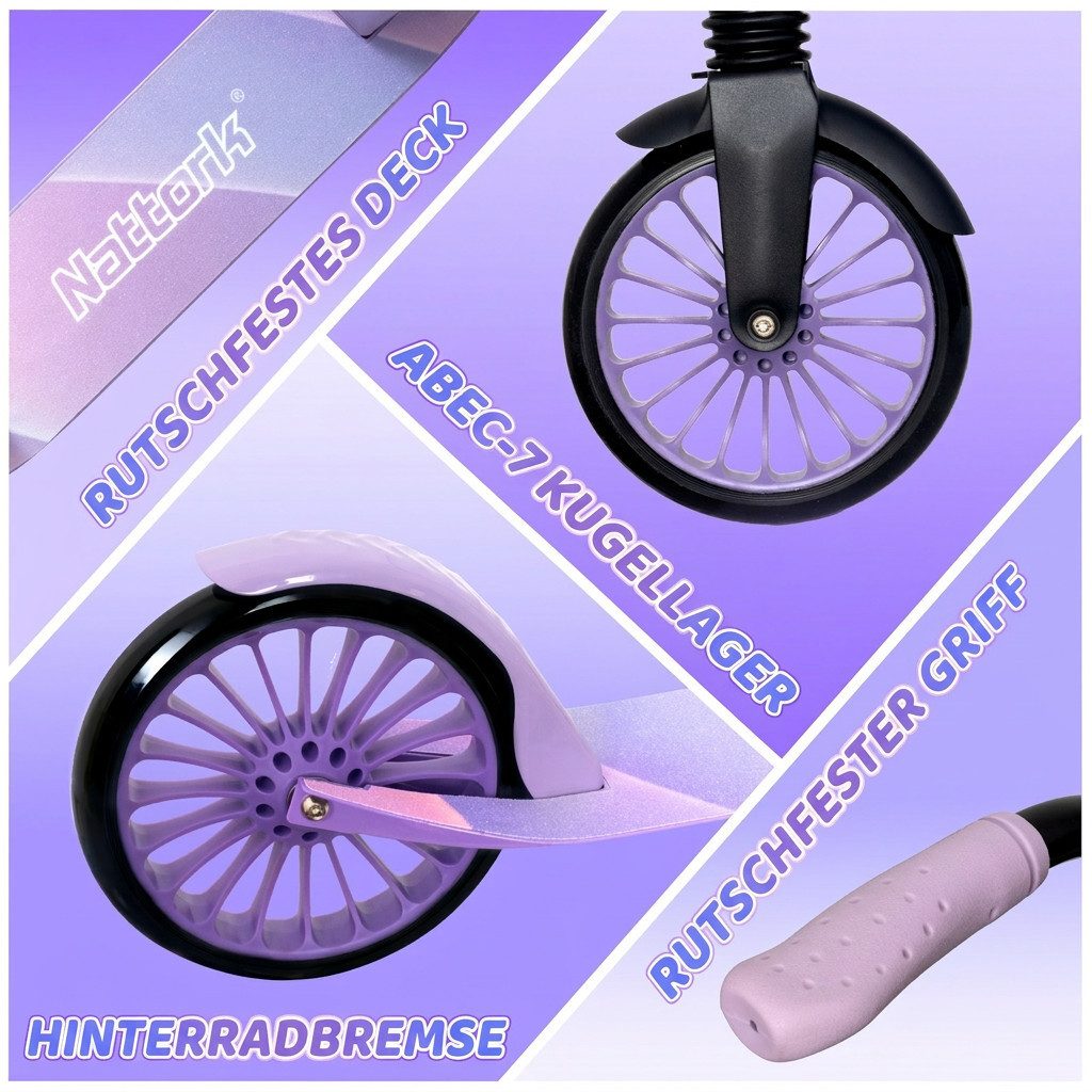 Nattork Scooter für Erwachsene, verstellbare Höhe 81-96cm, klappbar, (1 tlg), Faltbarer Tretroller mit 8" großen Rädern, Anti-Erschütterungsfederung – Bild 5 von 5