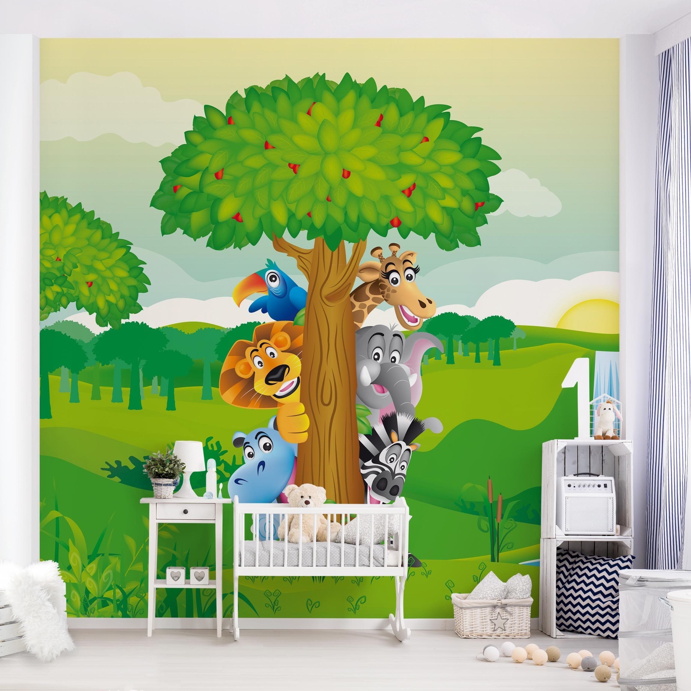 Bilderdepot24 Kindertapete Kinderzimmer Dschungeltiere Kinder Wanddeko Löwe Elefant Zebra Giraffe, Glatt, Matt, (Vliestapete inkl. Kleister oder selbstklebend), Mädchenzimmer Jungenzimmer Babyzimmer Bildtapete Fototapete Wandtapete