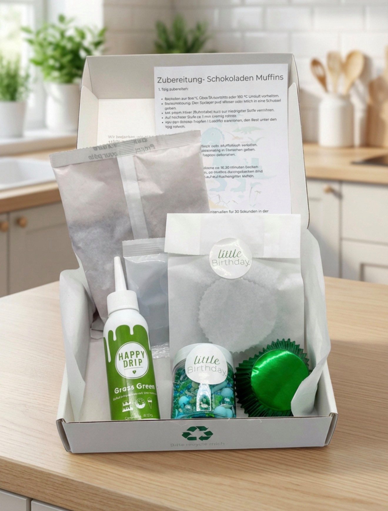 little Birthday Muffinform Back Box Dino mit Backmischung Schoko, Schokoglasur und Streusel