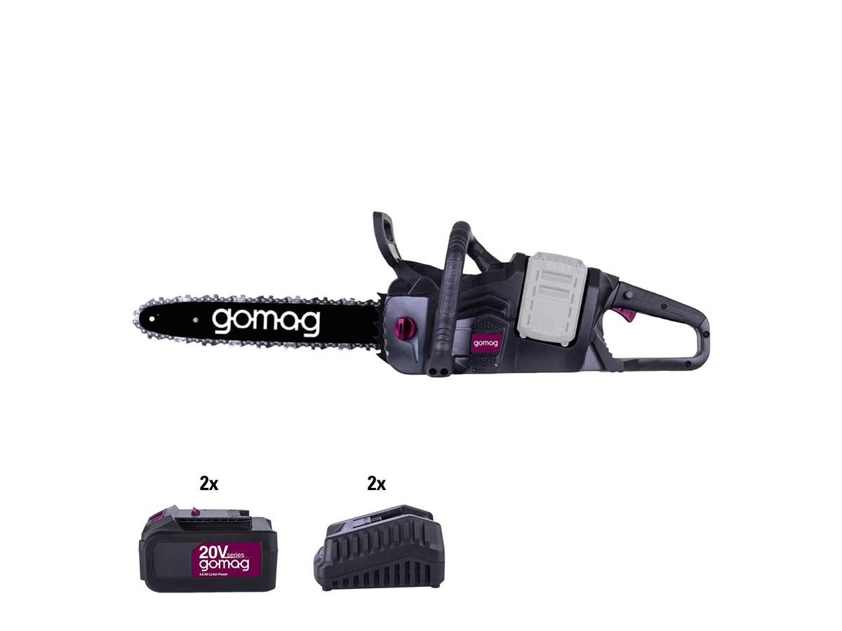 Gomag Akku-Kettensäge GO-KS355BLTwin 2x 4,0 Ah Akku + 2x Ladegeräte, Set, 5-tlg., Schnittlänge 33,5cm