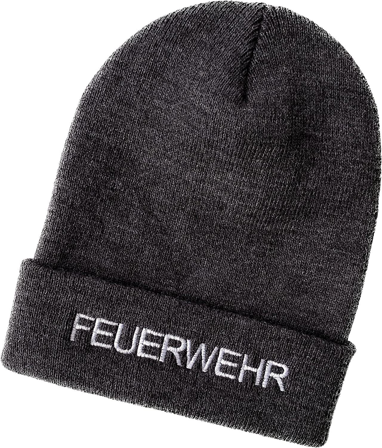 Schnoschi Strickmütze Strickmütze mit breiten Umschlag (Beanie Mütze) mit Feuerwehr bestickt mit Umschlag dunkelgrau