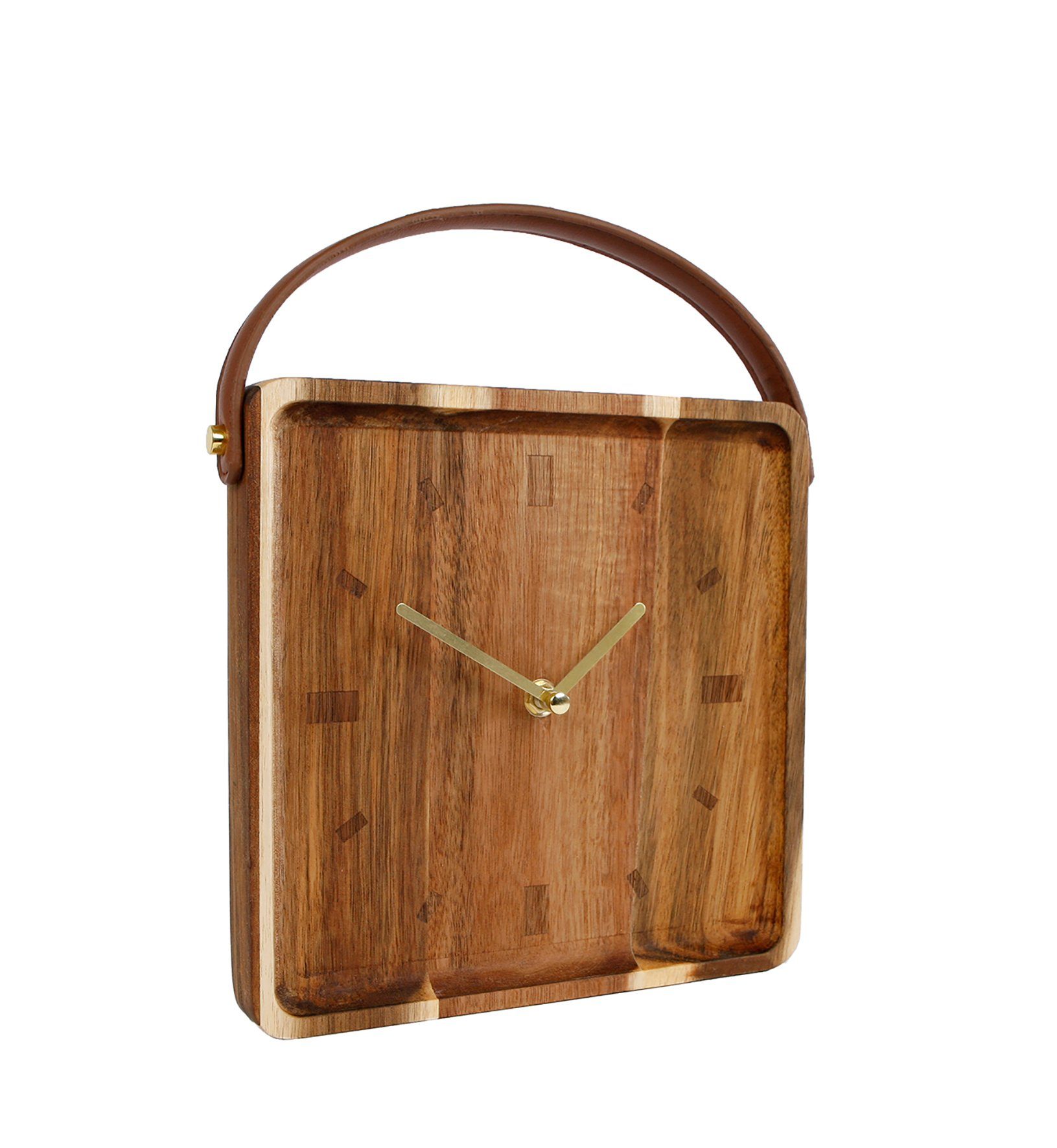 Spetebo Standuhr Holz Standuhr 22 cm mit Griff in Leder Optik (1-St), Analog Retro Tischuhr eckig