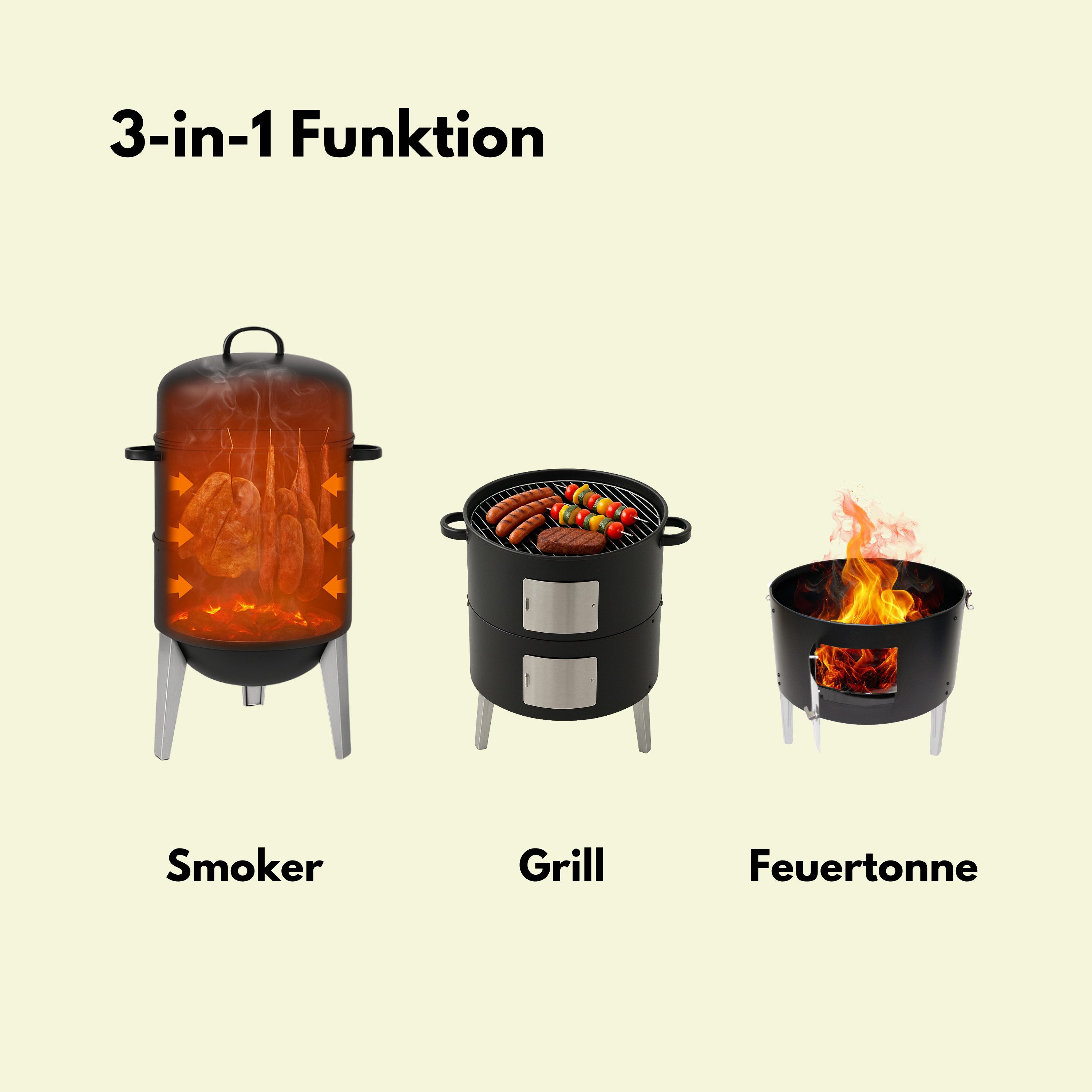 GLÜHZONE Holzkohlegrill RS 400, Smoker 3 in 1, BBQ, Grill, Feuerstelle