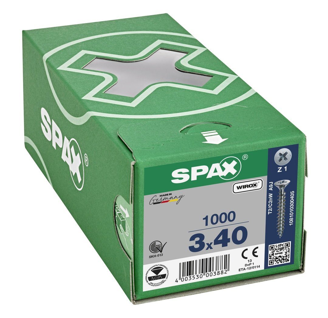 weiß Universalschraube, Spanplattenschraube 1000 verzinkt, SPAX mm St), 3x40 (Stahl