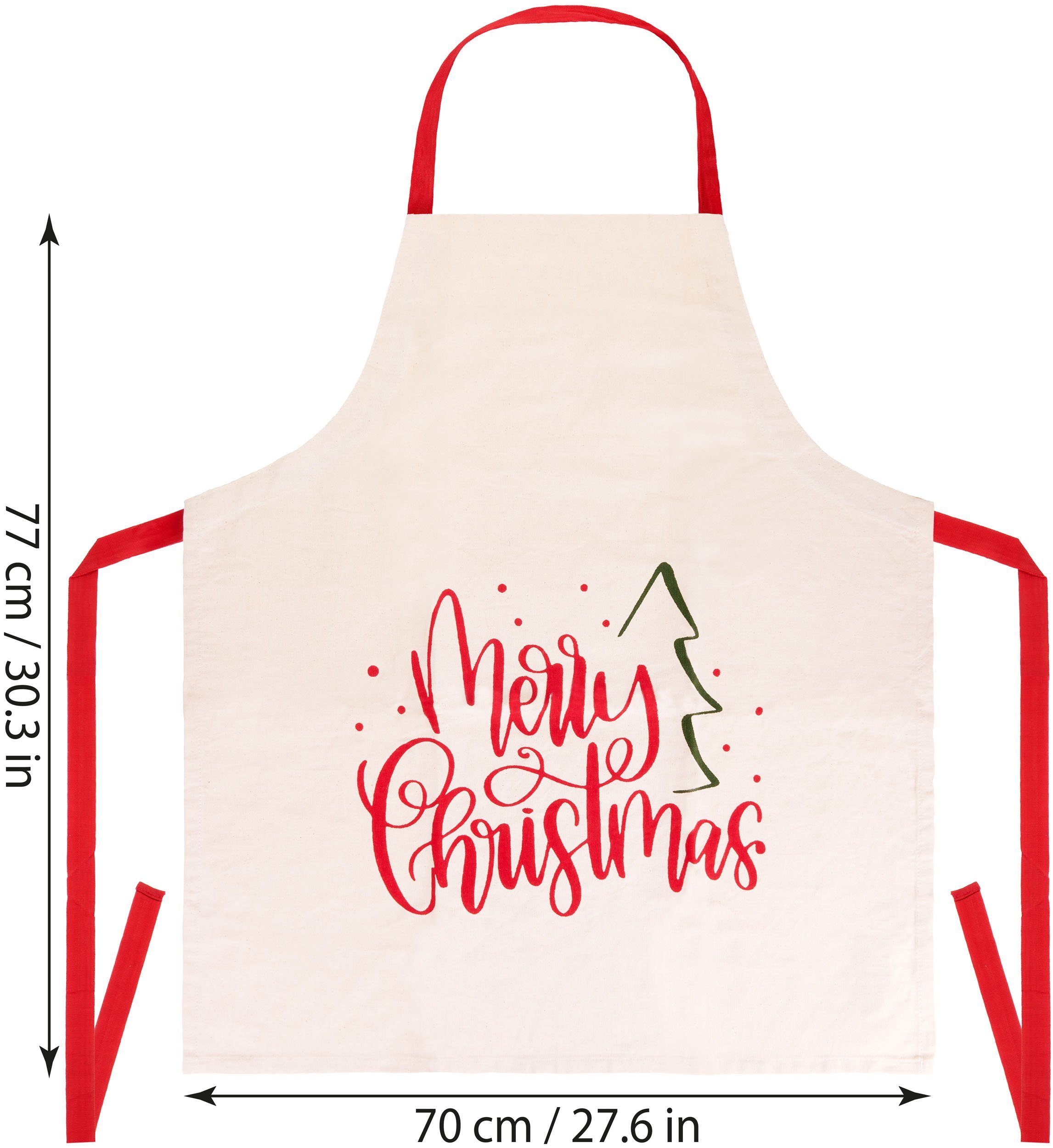 BRUBAKER Kochschürze Schürze - Merry Christmas - Weihnachten - Unisex Küchenschürze, (1-tlg., Baumwolle), One Size Weihnachtsschürze - Weiß Rot Grün mit Weihnachtsbaum