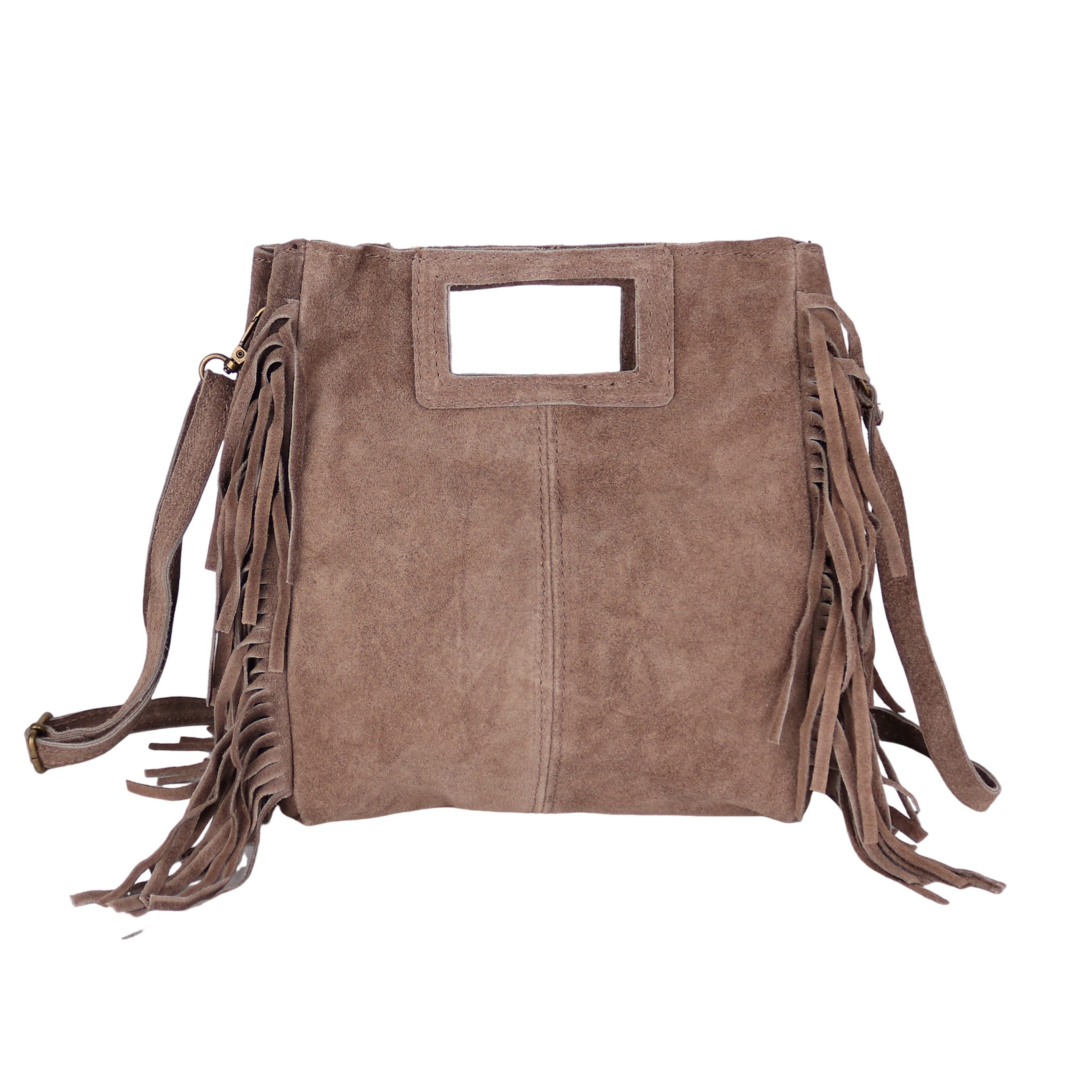 MIRROSI Umhängetasche Damen Crossbody Bag, Echtleder Made In Italy, wunderschöne Fransen (23x24x7cm) aus Wildleder
