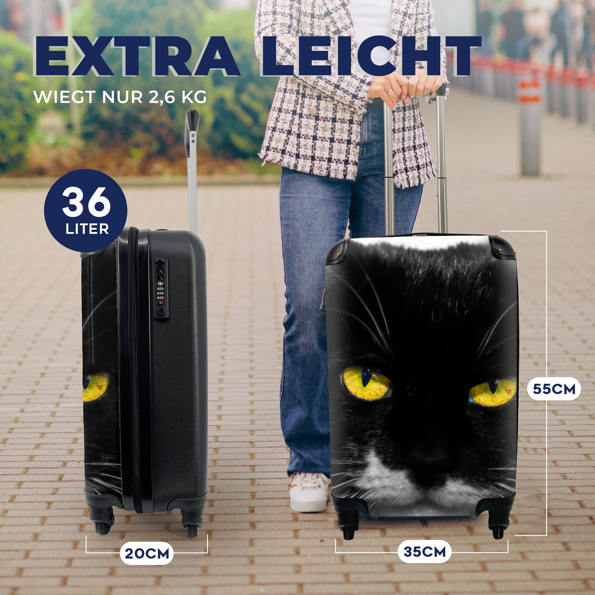 MuchoWow Handgepäckkoffer Schwarz-Weiß-Foto Augen, des Rollen, Ferien, 4 Kopfes mit Reisetasche schwarzen mit Trolley, Handgepäck Katze rollen, einer gelben Reisekoffer für