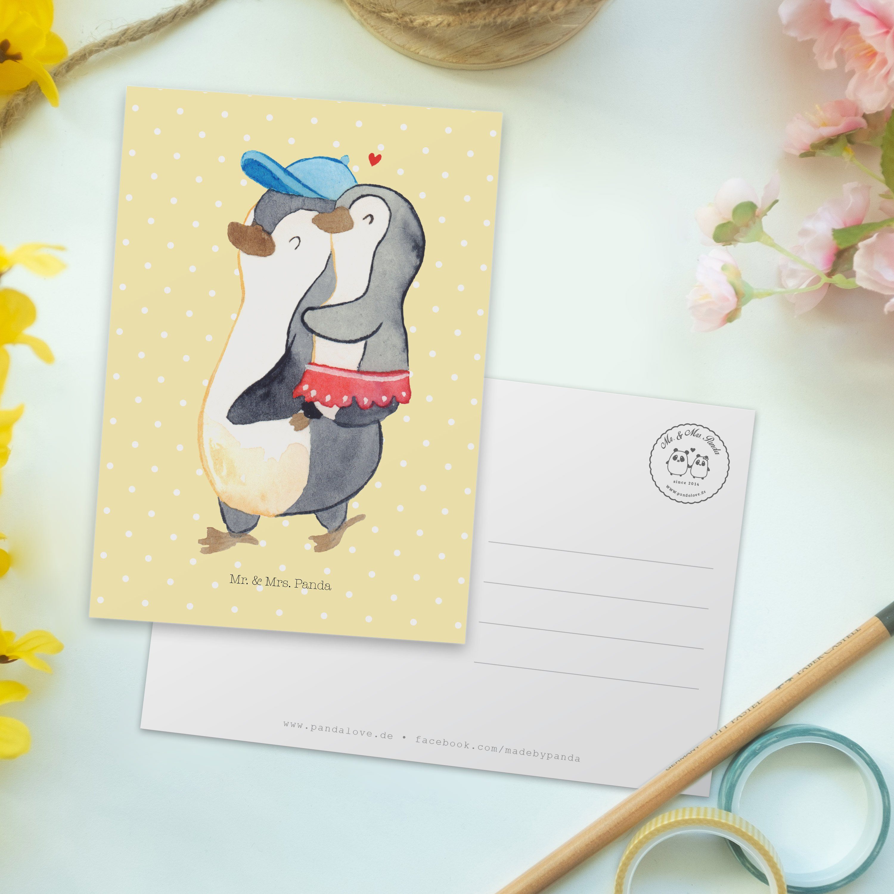 Mr. & Mrs. Panda Pinguin Pastell Postkarte Geschenk, Gelb - Kleine - Schwester Einladungskarte
