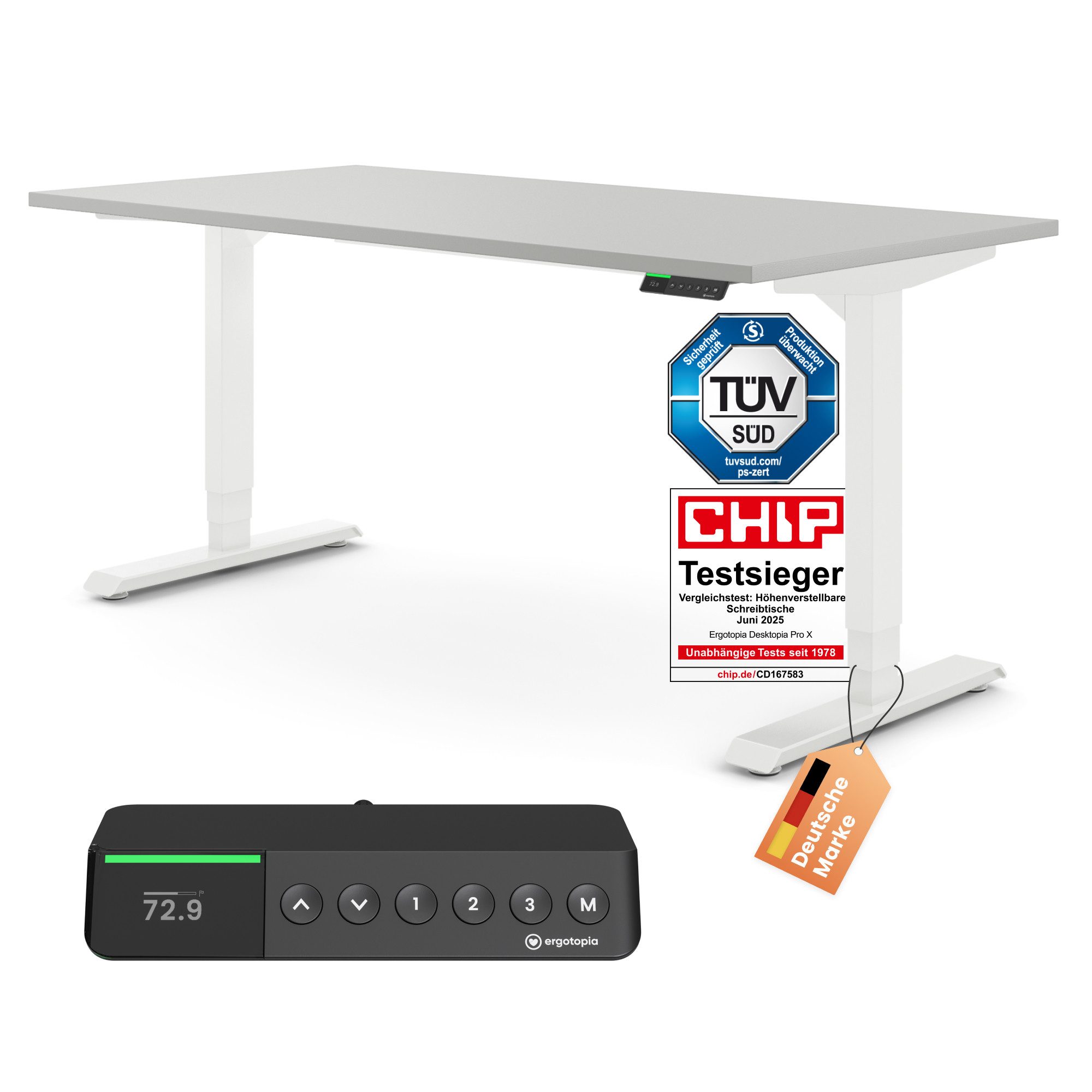 Ergotopia Schreibtisch Desktopia Pro X elektrisch höhenverstellbarer Schreibtisch, elektrisch verstellbarer Bürotisch inkl. edlem OLED-Display