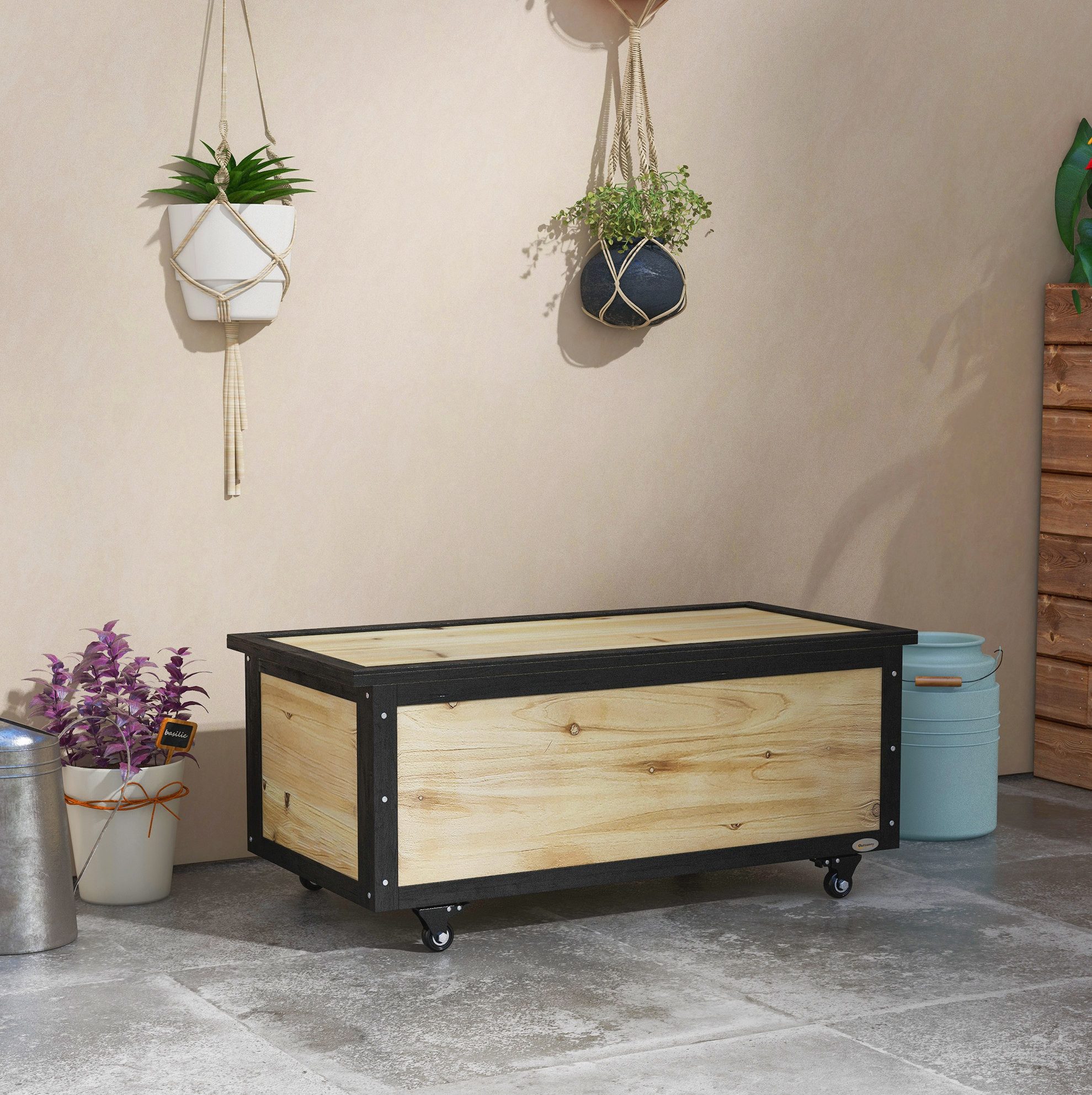 MODFU Gartenbox 100x50x43 cm Holz Auflagenbox 121L mit Rollen Natur (1 St., Kissenbox mit praktischem Stauraum für Outdoor Artikel), Aufbewahrungskiste für Balkon Terrasse Garten Zubehör
