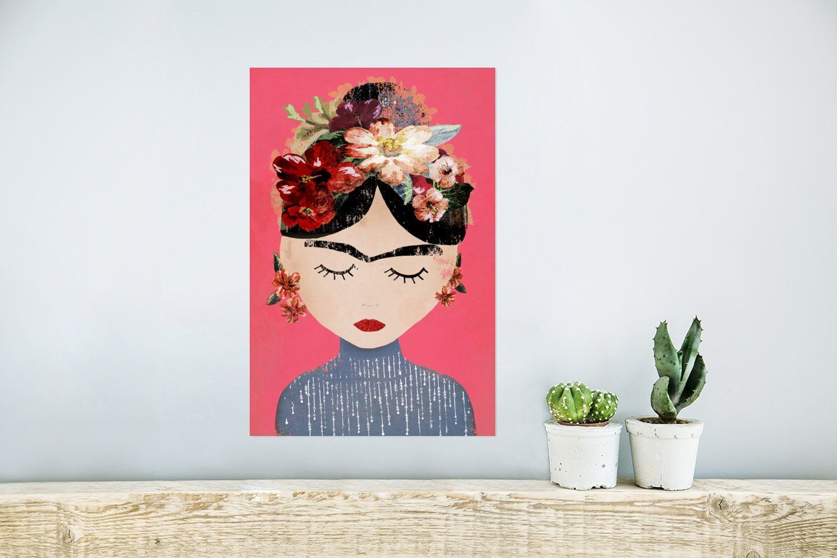 - Ohne (1 Frau Vintage Blumen Kunst, Wandposter - - Frida Wandbild, St), Rahmen für MuchoWow Poster, Wohnzimmer, Poster - Kahlo