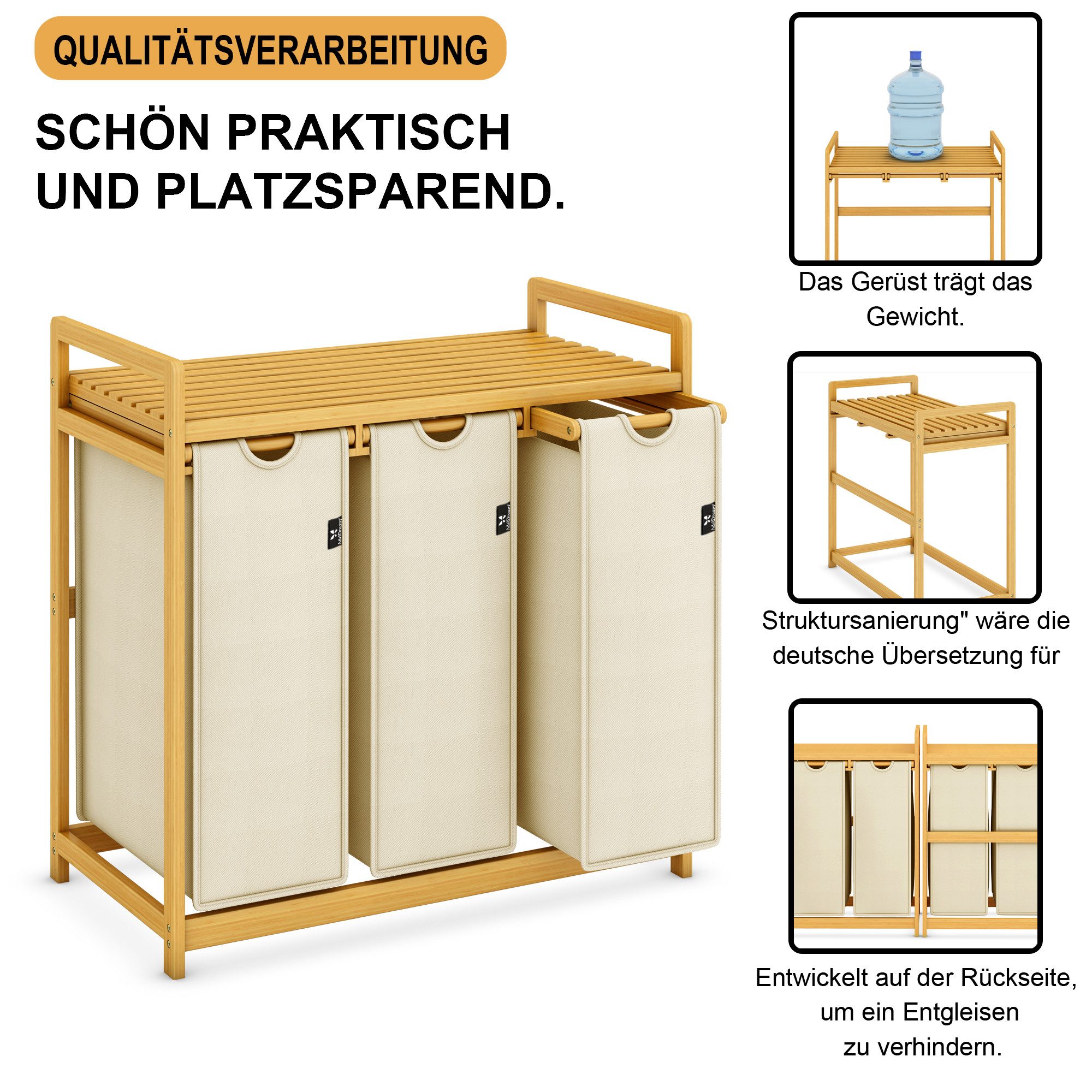 AdelDream Wäschekorb Wäschekörbe mit Bambusrahmen, 150 l, 3 Fächer