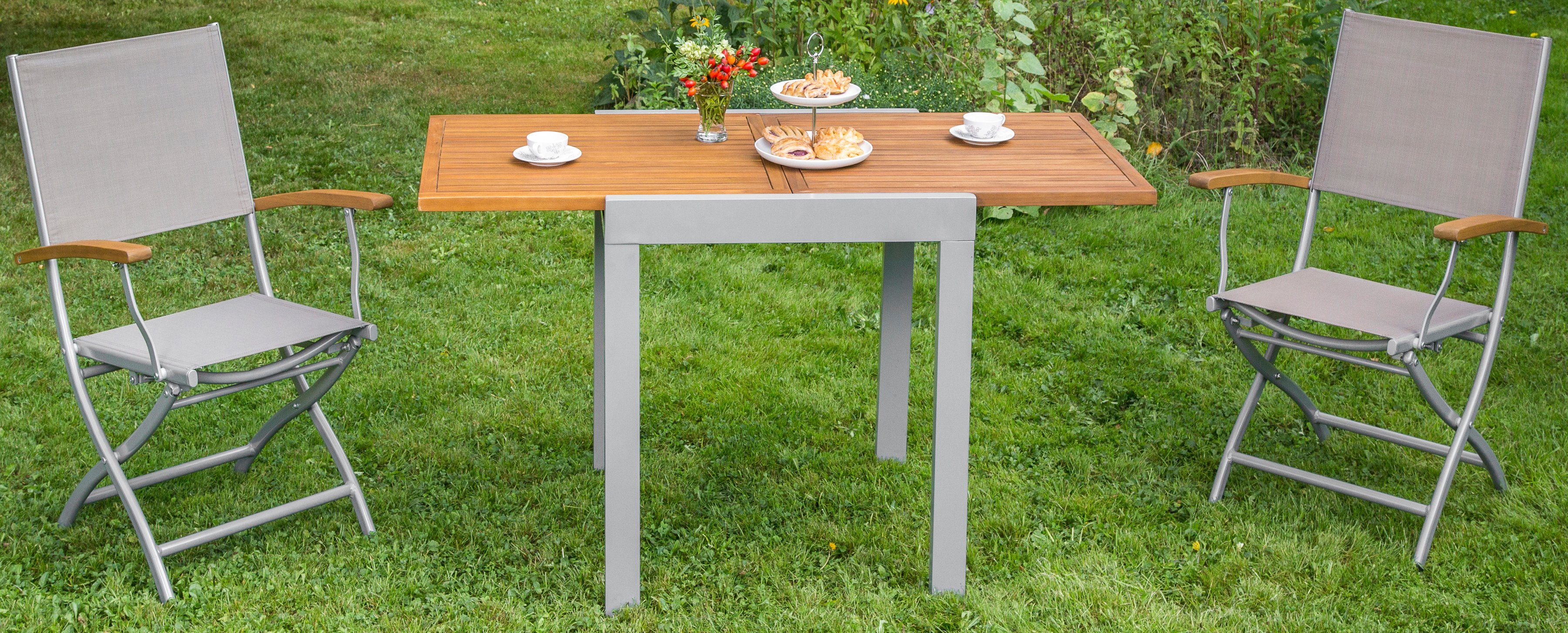 Balkontisch 65/130 cm x 65 cm Ausziehbar Silber mit Akazientischplatte günstig online kaufen