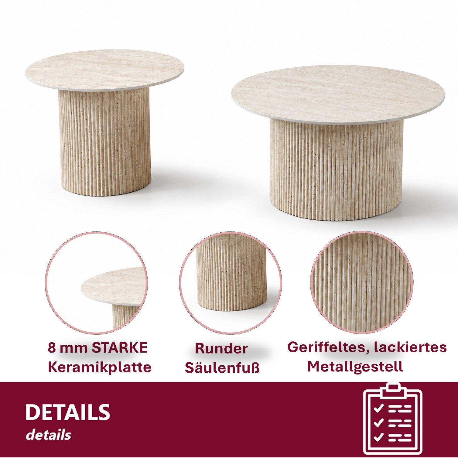 HOOZ Couchtisch Wohnzimmertisch Keramik rund 2er Set Trommel Traventin Optik 80 & 60cm (Set, 2-St., 2× Satztisch), Sofatisch mit geriffeltem Gestell – stabil &  – Bild 4 von 5