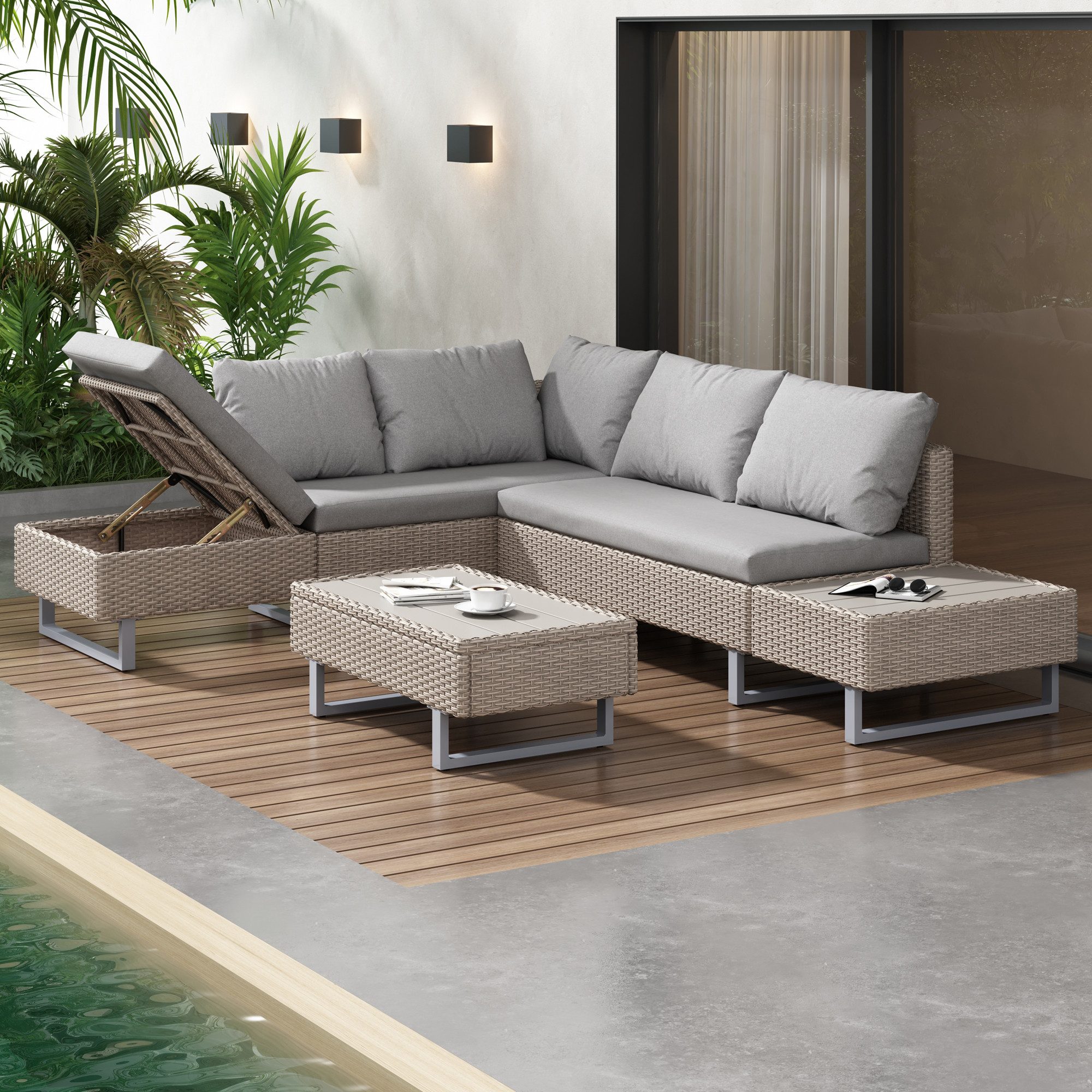 STILVORA Gartenlounge-Set für 4-5 Personen Gartengarnitur mit abnehmbarer waschbarer Stoffbezug, (Outdoor Sitzgruppe mit Ecksofa, Tisch & Auflagen, fünf Stufen bis zu 50° verstellen), Leicht zu reinigen