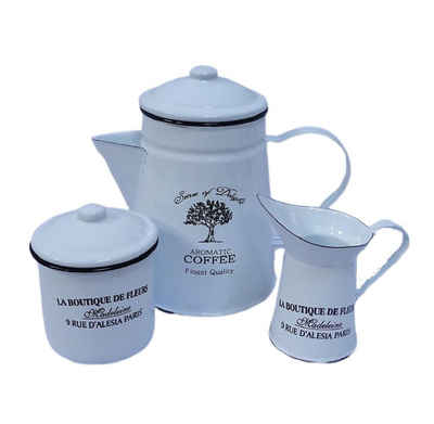 Linoows Kanne Emaille Kaffee Kernstück 3 tlg Kaffee Geschirr Set, 1 l, (1), Nostalgie Kaffee Geschirr Set mit Beschriftung weiß- schwarz