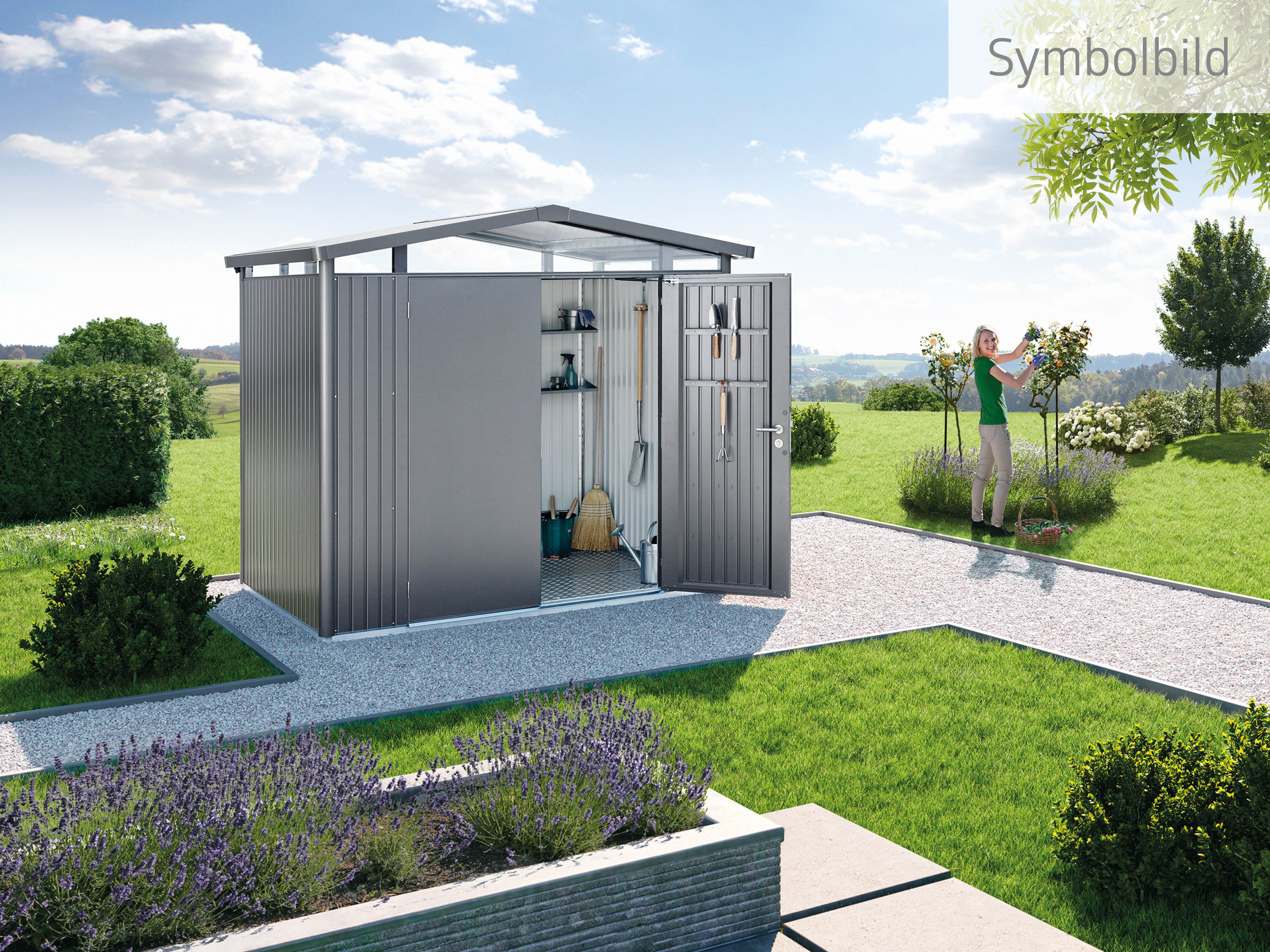 Biohort Gerätehaus PANORAMA Gr. P2 quarzgrau-metallic mit Doppeltür, BxT: 273x198 cm, aus Metall mit umlaufendem Acrylglas-Lichtband