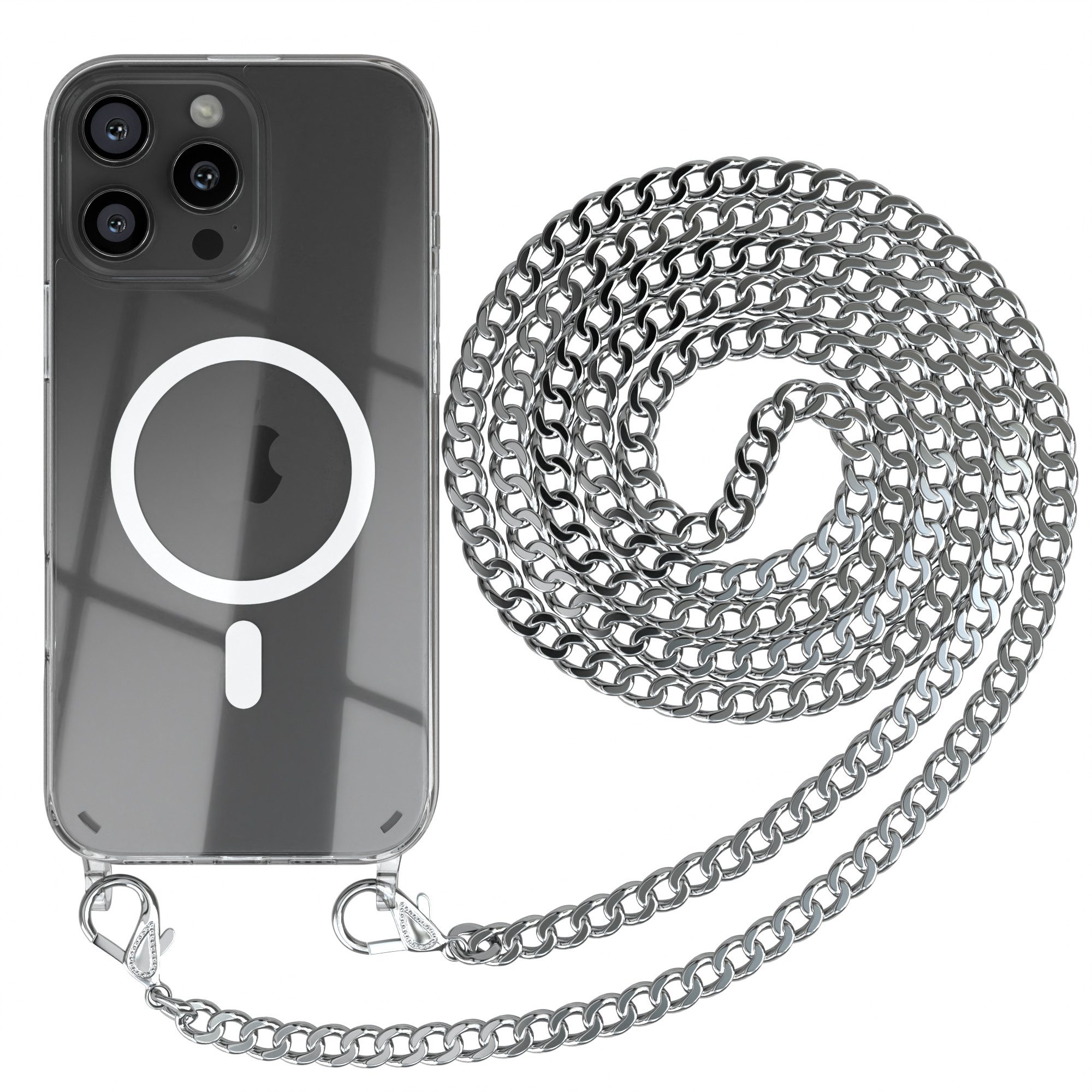 EAZY CASE Handykette Metallkette MagSafe Hülle für iPhone 16 Pro Max 6,9 Zoll, MagSafe Tasche mit Kette Metallkette Handykette Umhängetasche Silber