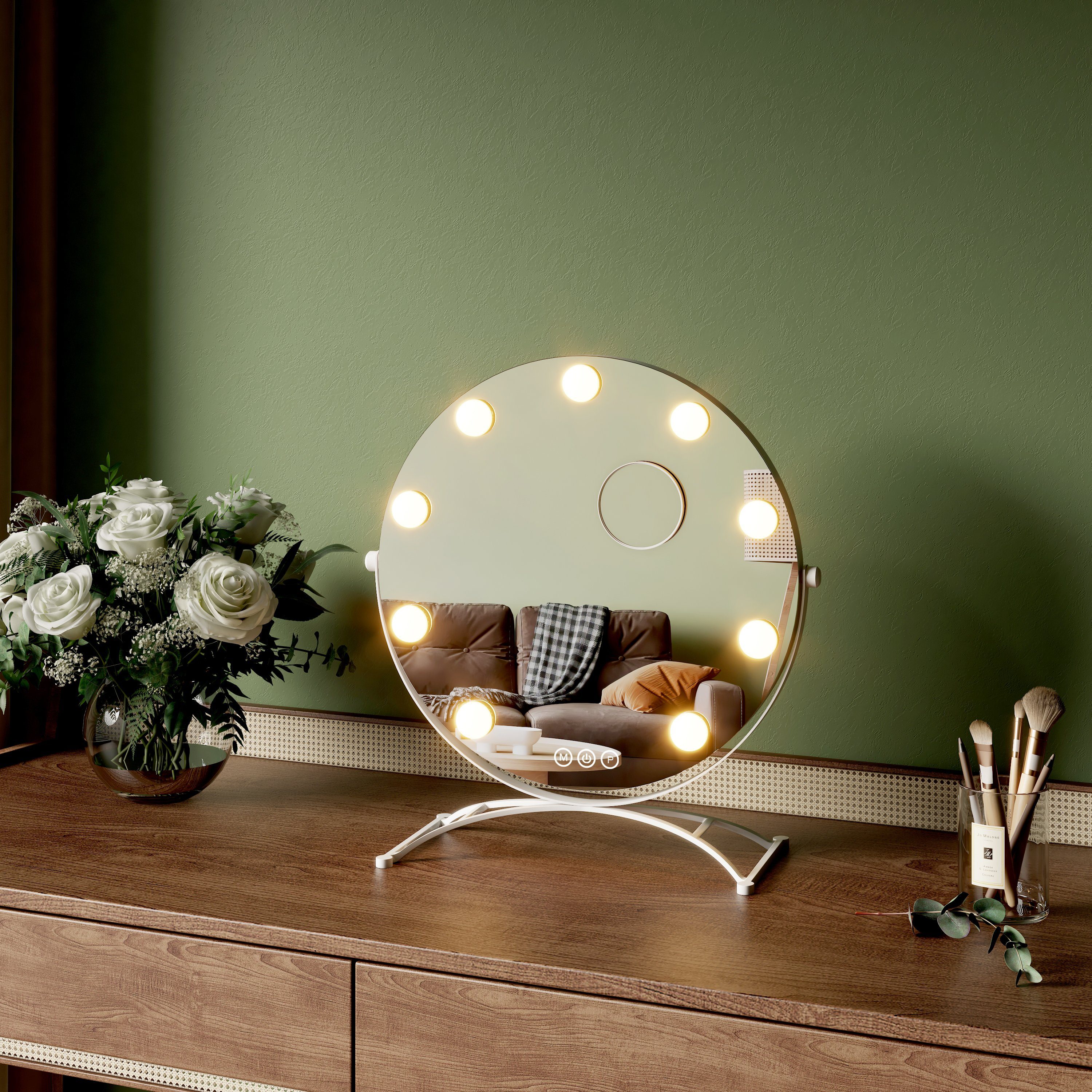 EMKE Kosmetikspiegel Runder Schminkspiegel Hollywood Spiegel mit Beleuchtung Tischspiegel, 3 Lichtfarben,Dimmbar,7 x Vergrößerungsspiegel,360° Drehbar Weiß