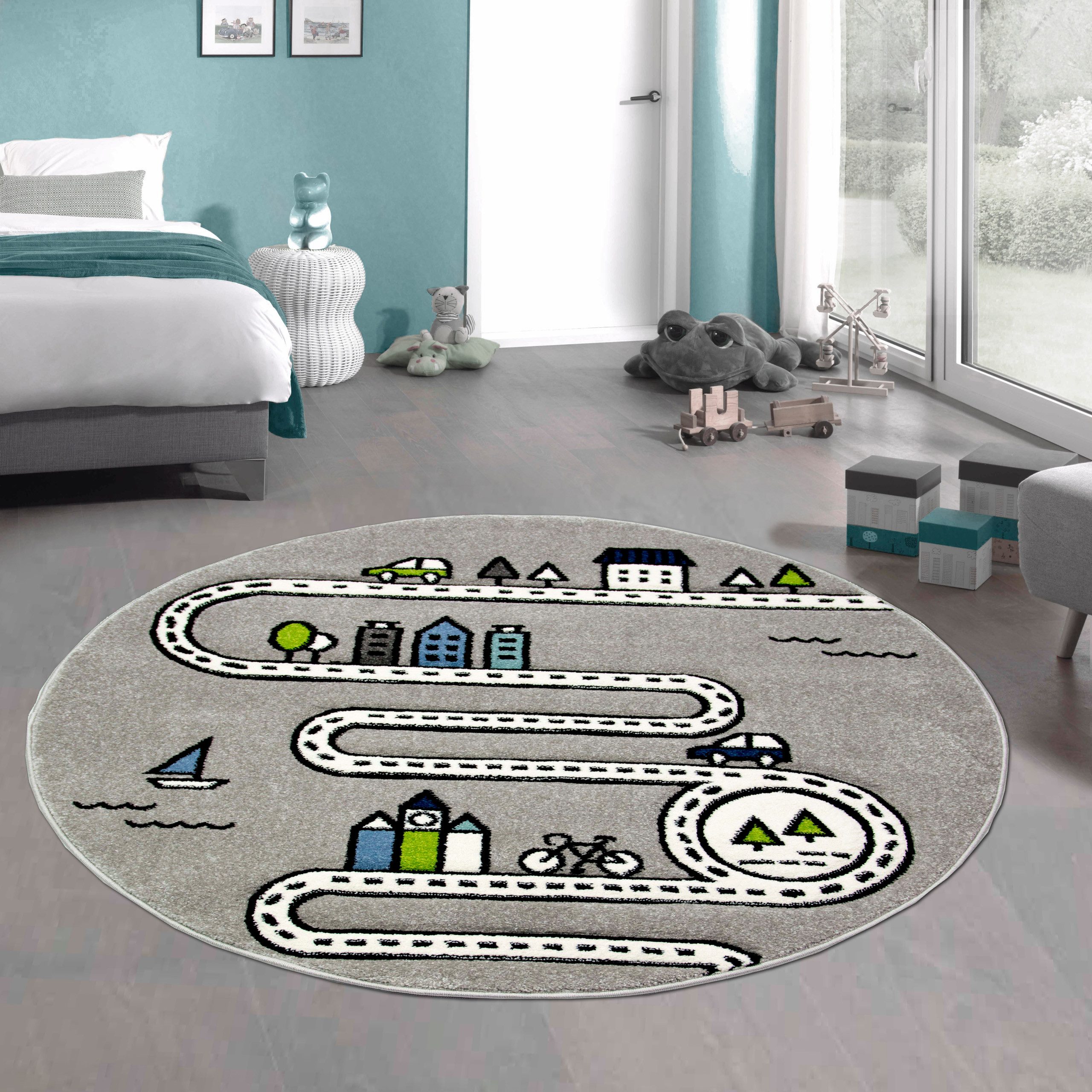 Carpetia Kinderteppich Verspieltes Motivdesign, rund, Höhe: 15 mm, pflegeleicht, strapazierfähig, handgearbeiteter Konturenschnitt