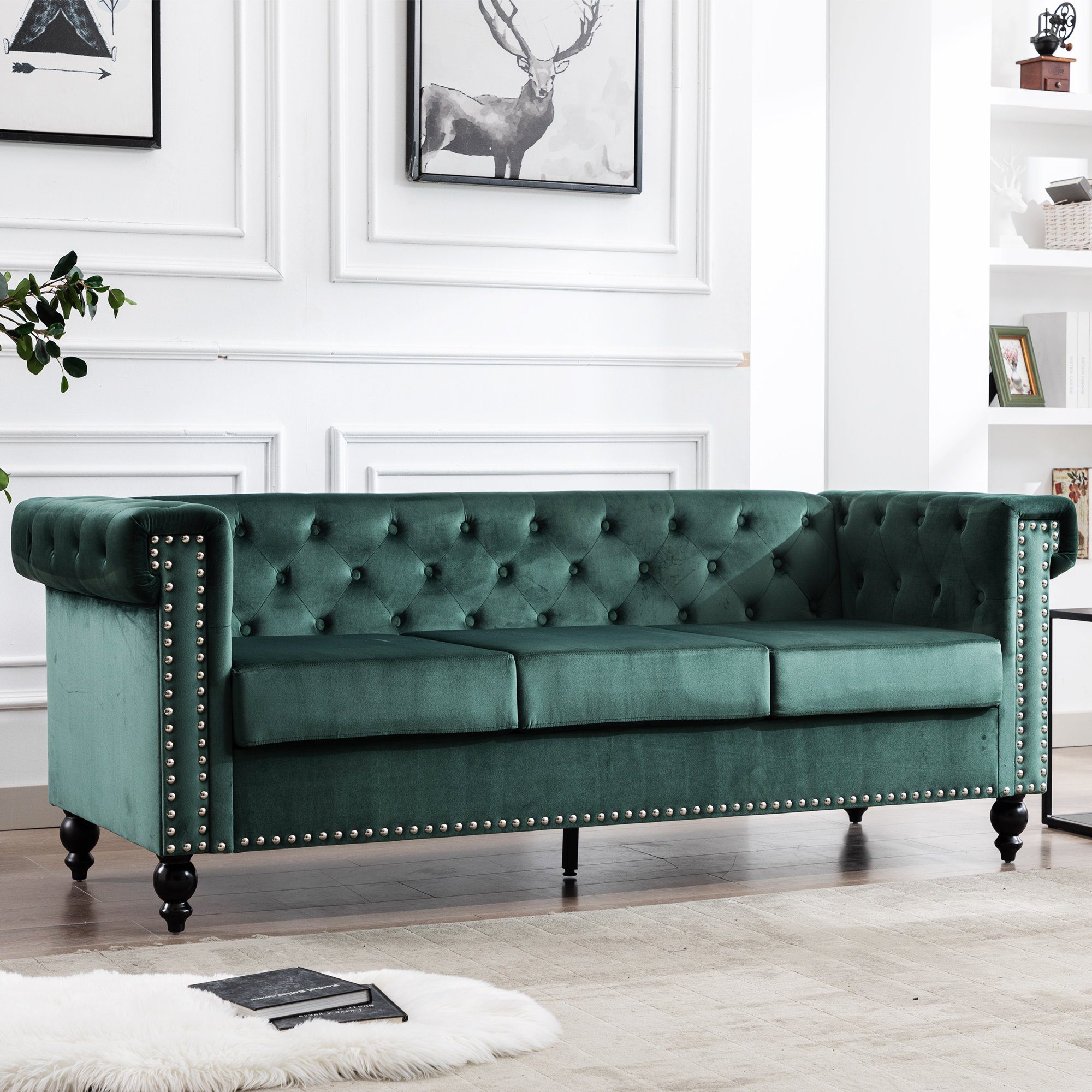 3-Sitzer, mit edler Knopfheftung und typischen Armlehnen, Sofa in Chesterfield-Optik, mit Federkern und Holzfüße, Bezug aus Samt