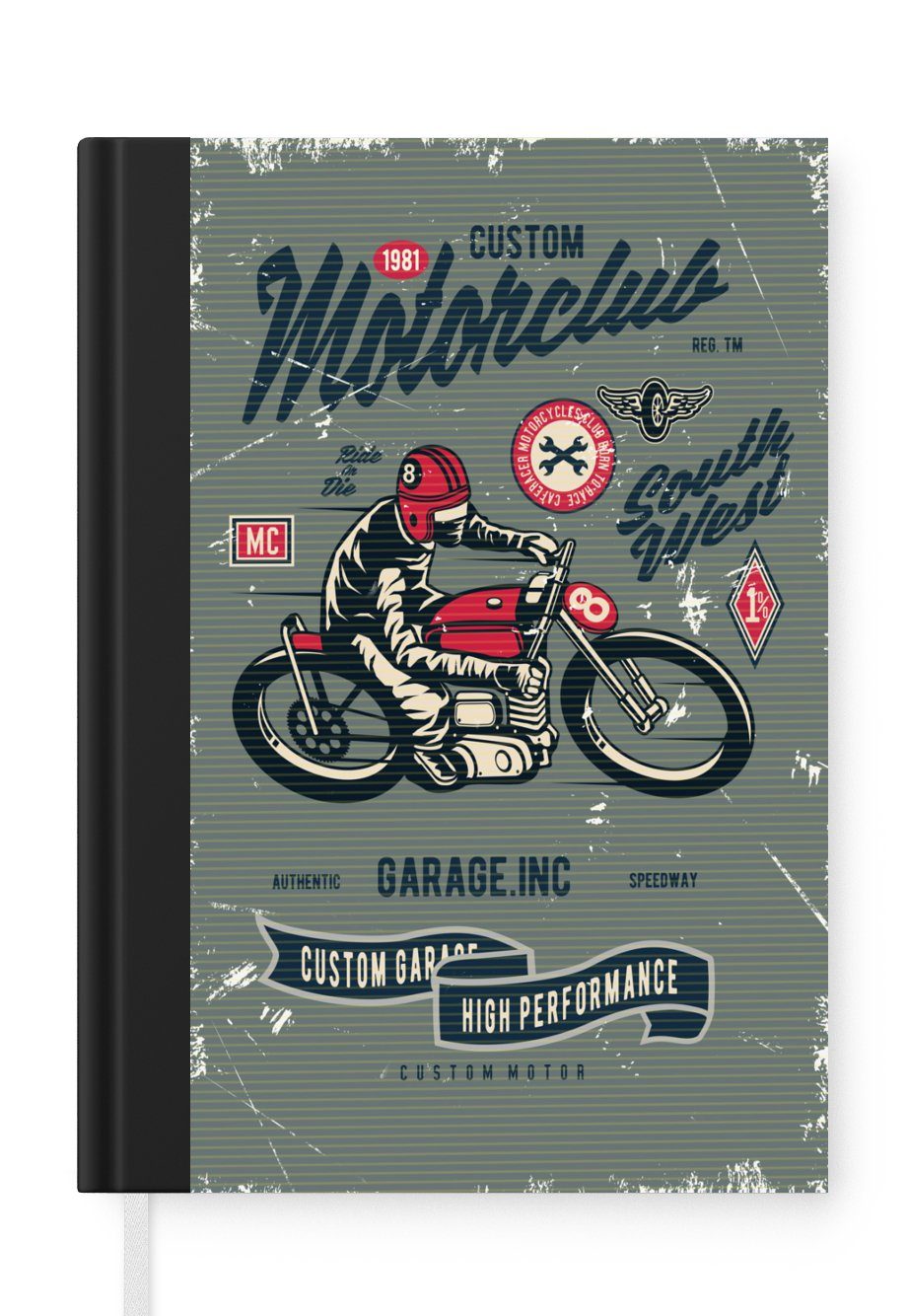 A5, - Merkzettel, Notizheft, Motorrad Zeichnung, - 98 Sport Notizbuch Retro MuchoWow Tagebuch, Seiten, Journal, Haushaltsbuch -
