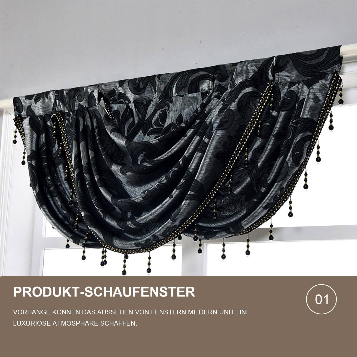 Refttenw Querbehang Vintage Jacquard Bogenstore halbtransparent Voile Vorhang mit Quasten, Fensterdekoration