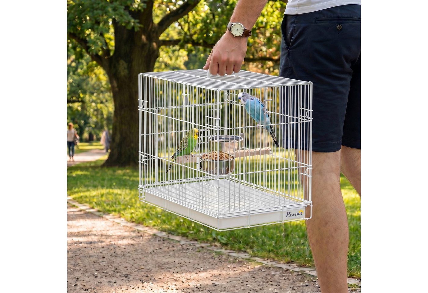 PawHut Vogelkäfig Klappbar Vogelhaus mit Holzsitzstange und herausziehbarer Tablett, für Wellensittiche, Nymphensittiche Weiß 49 x 31 x 40 cm